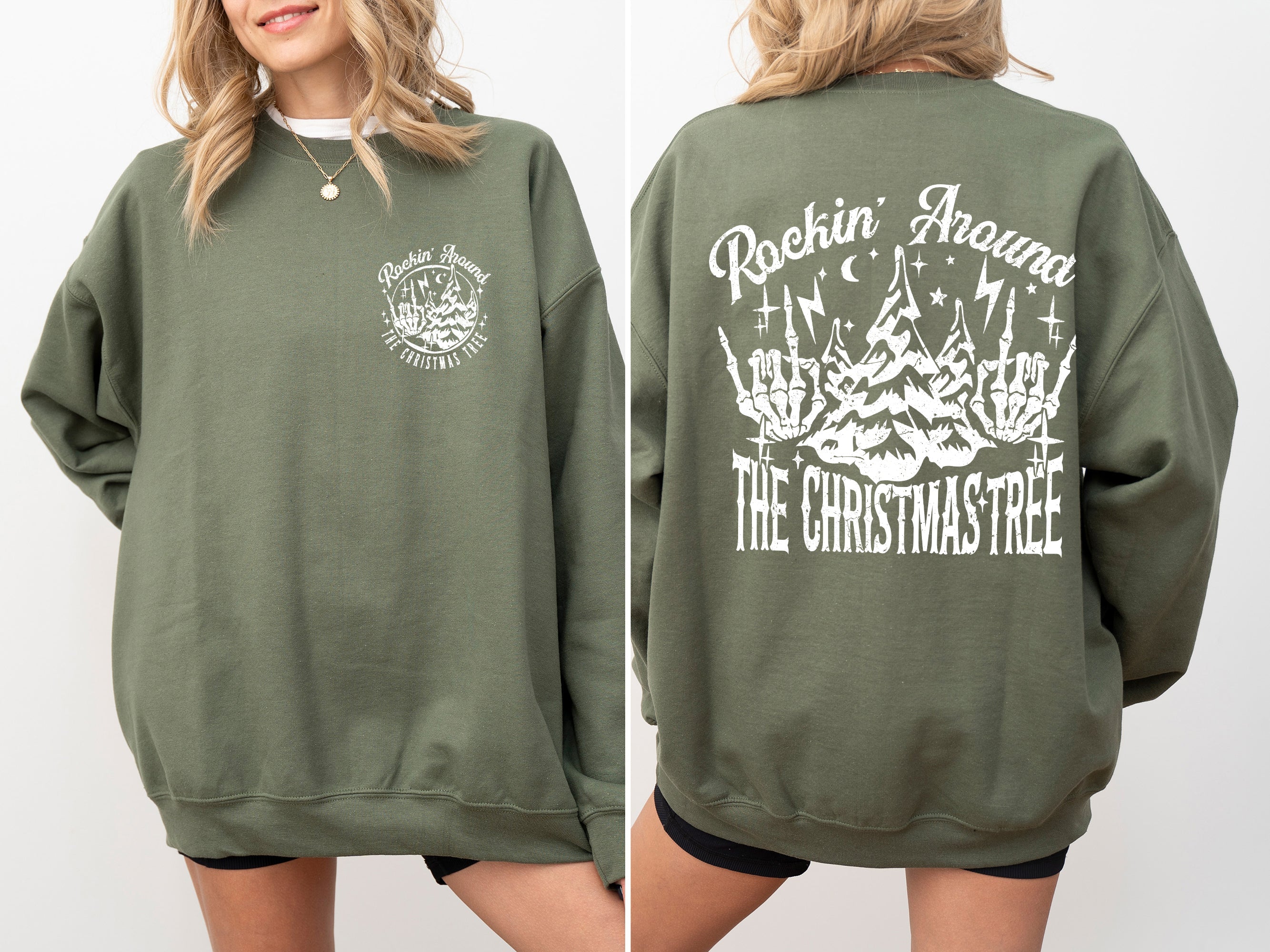 Rockin Around The Christmas Tree Front And Back Skeleton Santa Xmas Winter Edition Sweatshirt