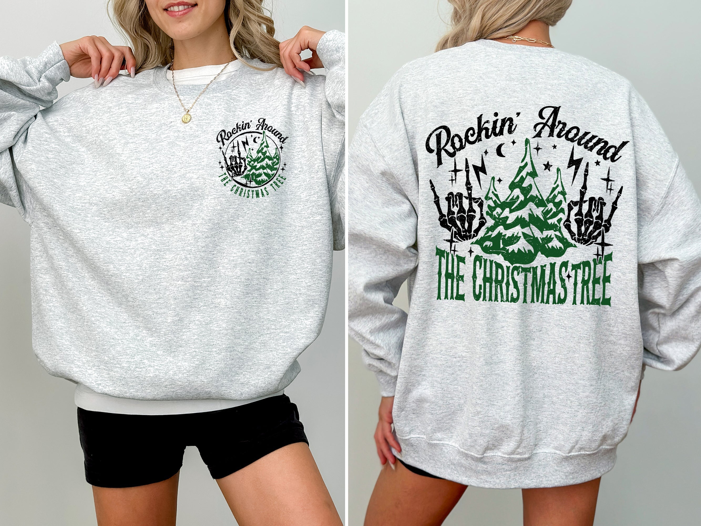 Rockin Around The Christmas Tree Front And Back Skeleton Santa Xmas Winter Edition Sweatshirt