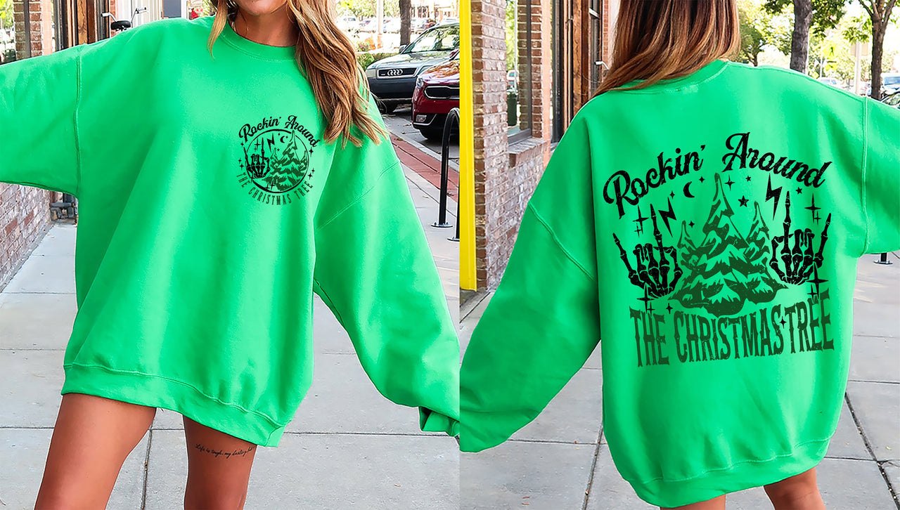 Rockin Around The Christmas Tree Front And Back Skeleton Santa Xmas Winter Edition Sweatshirt
