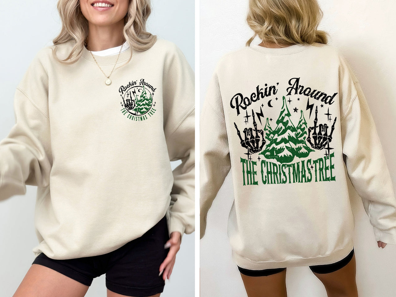 Rockin Around The Christmas Tree Front And Back Skeleton Santa Xmas Winter Edition Sweatshirt