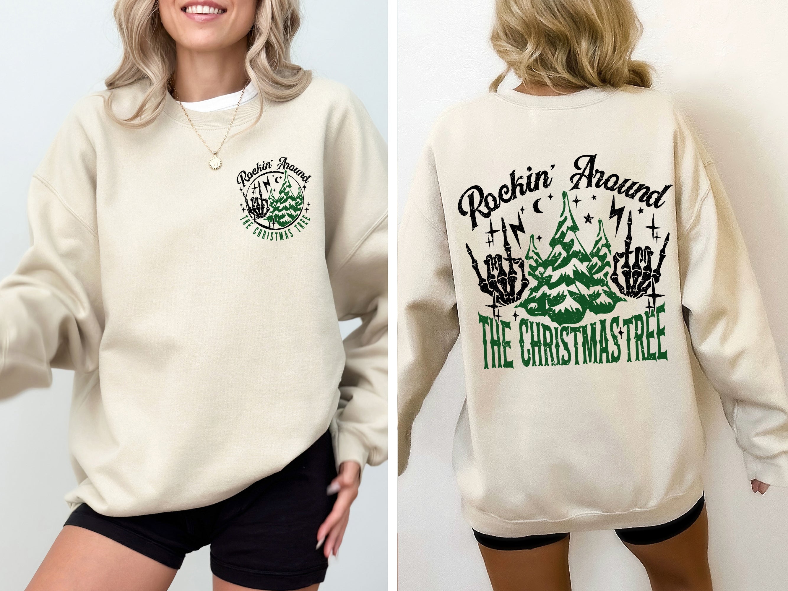Rockin Around The Christmas Tree Front And Back Skeleton Santa Xmas Winter Edition Sweatshirt