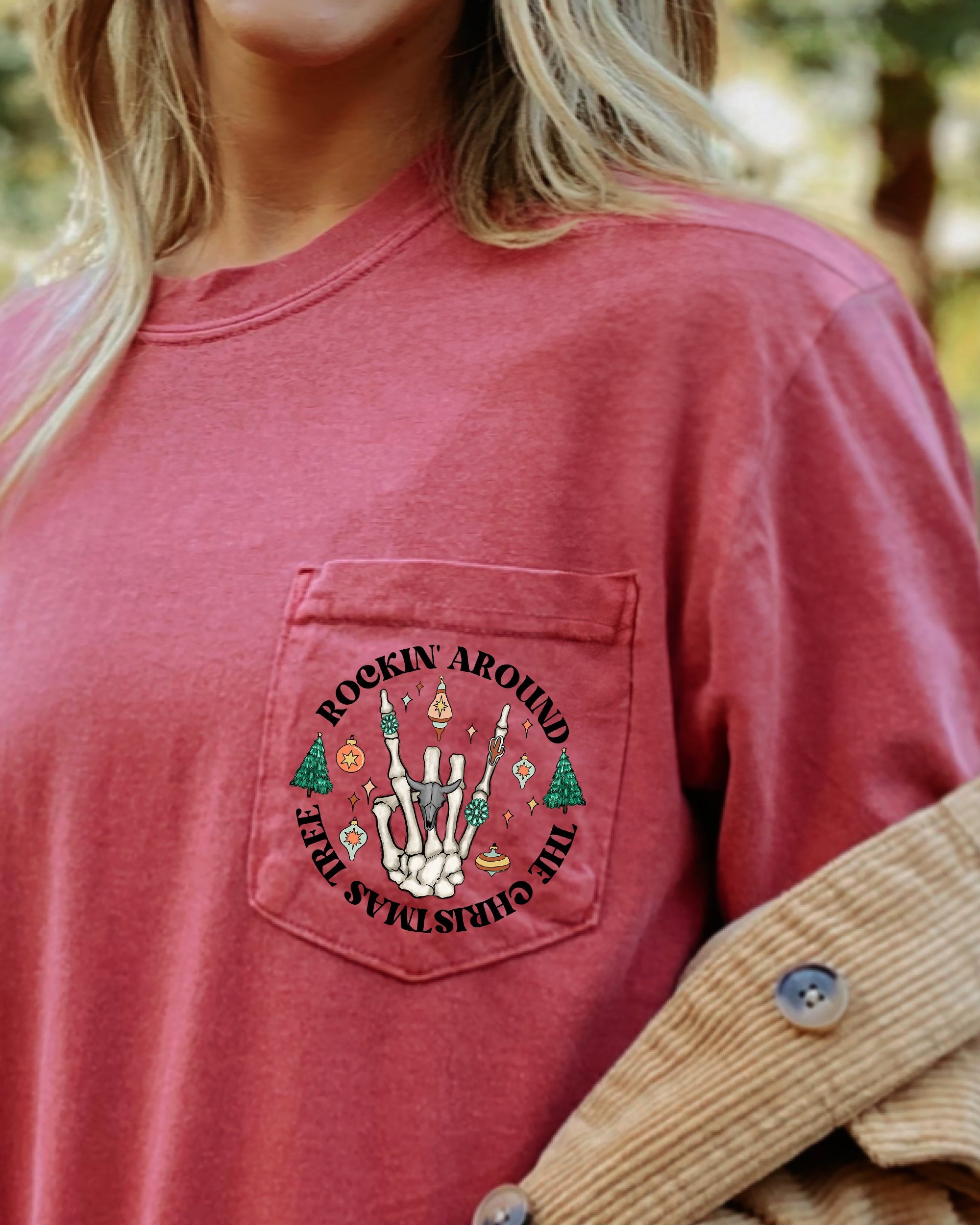 Rockin Around The Christmas Tree Skeleton Pocket Holiday Edition Comfort Colors Tee
