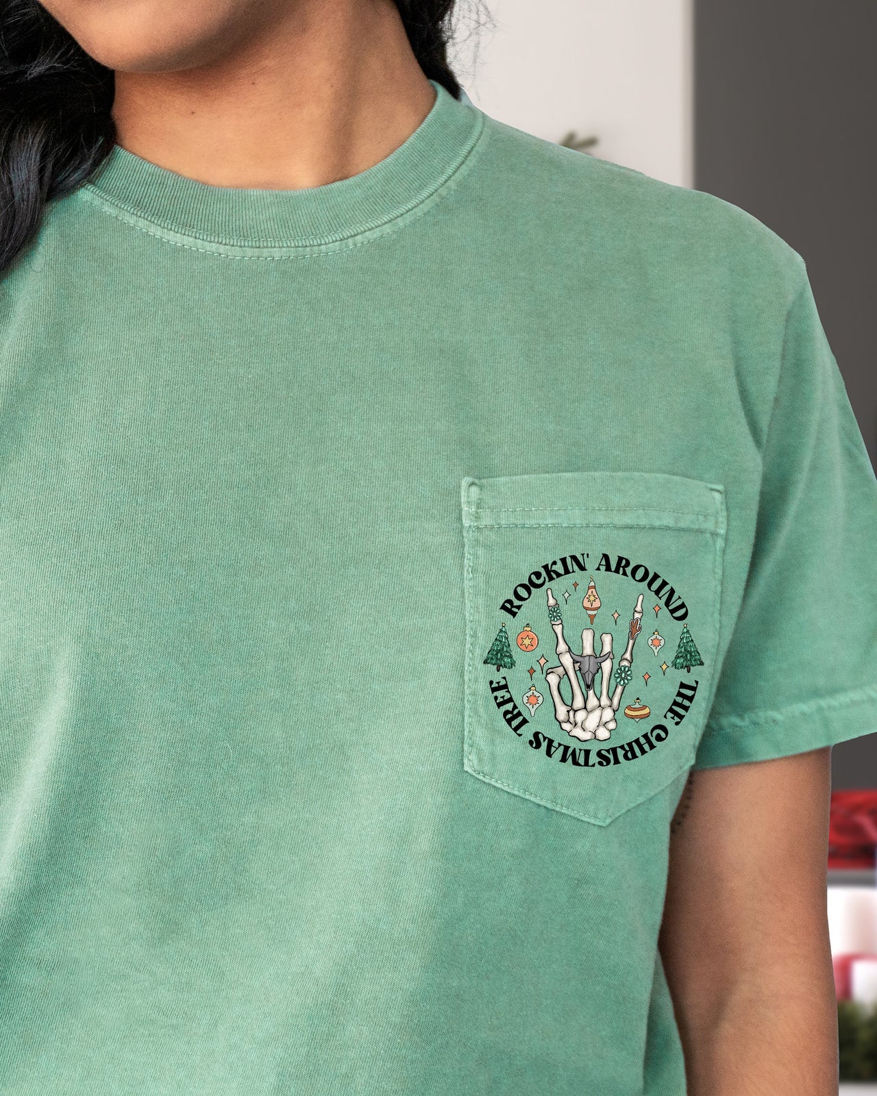 Rockin Around The Christmas Tree Skeleton Pocket Holiday Edition Comfort Colors Tee