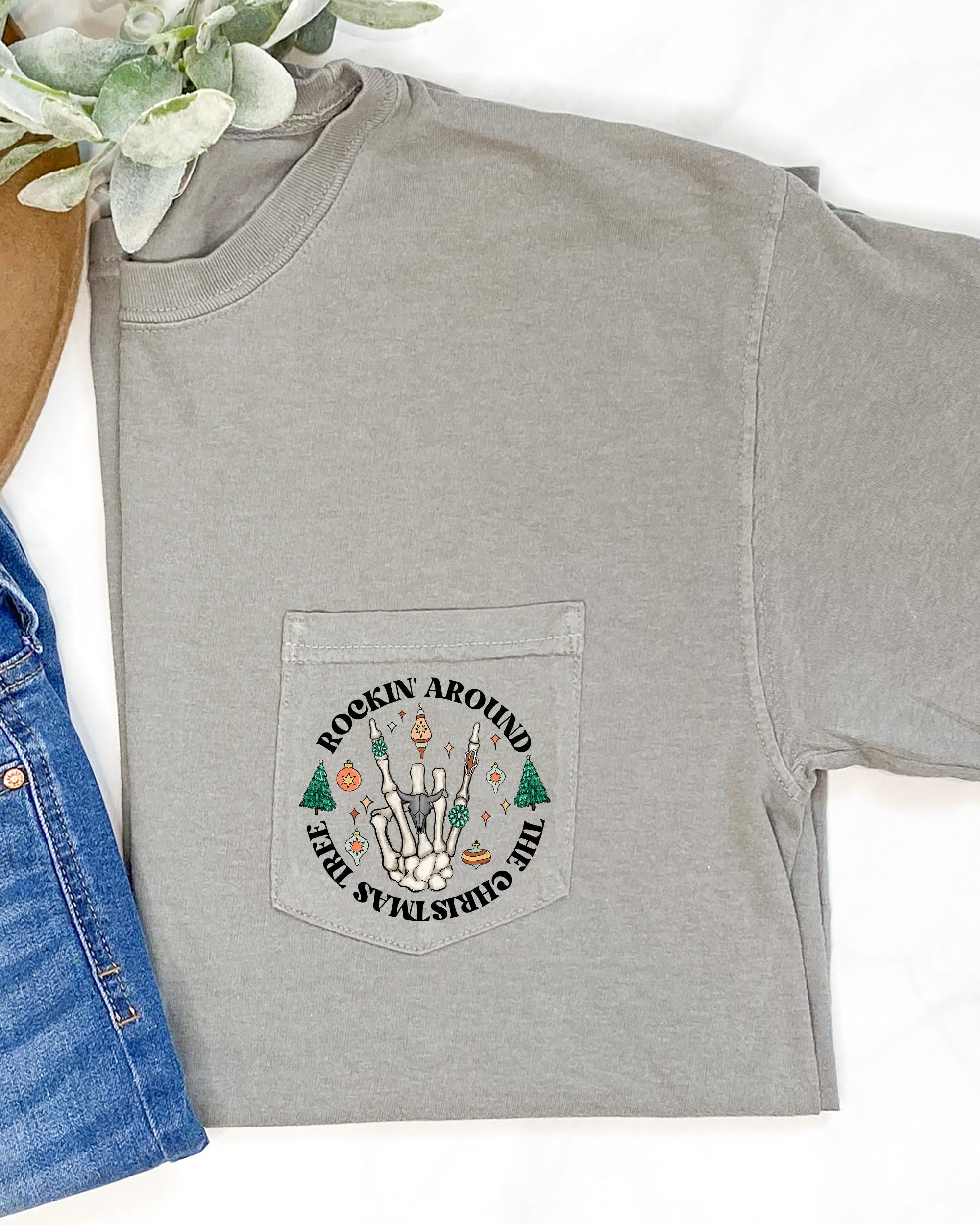 Rockin Around The Christmas Tree Skeleton Pocket Holiday Edition Comfort Colors Tee