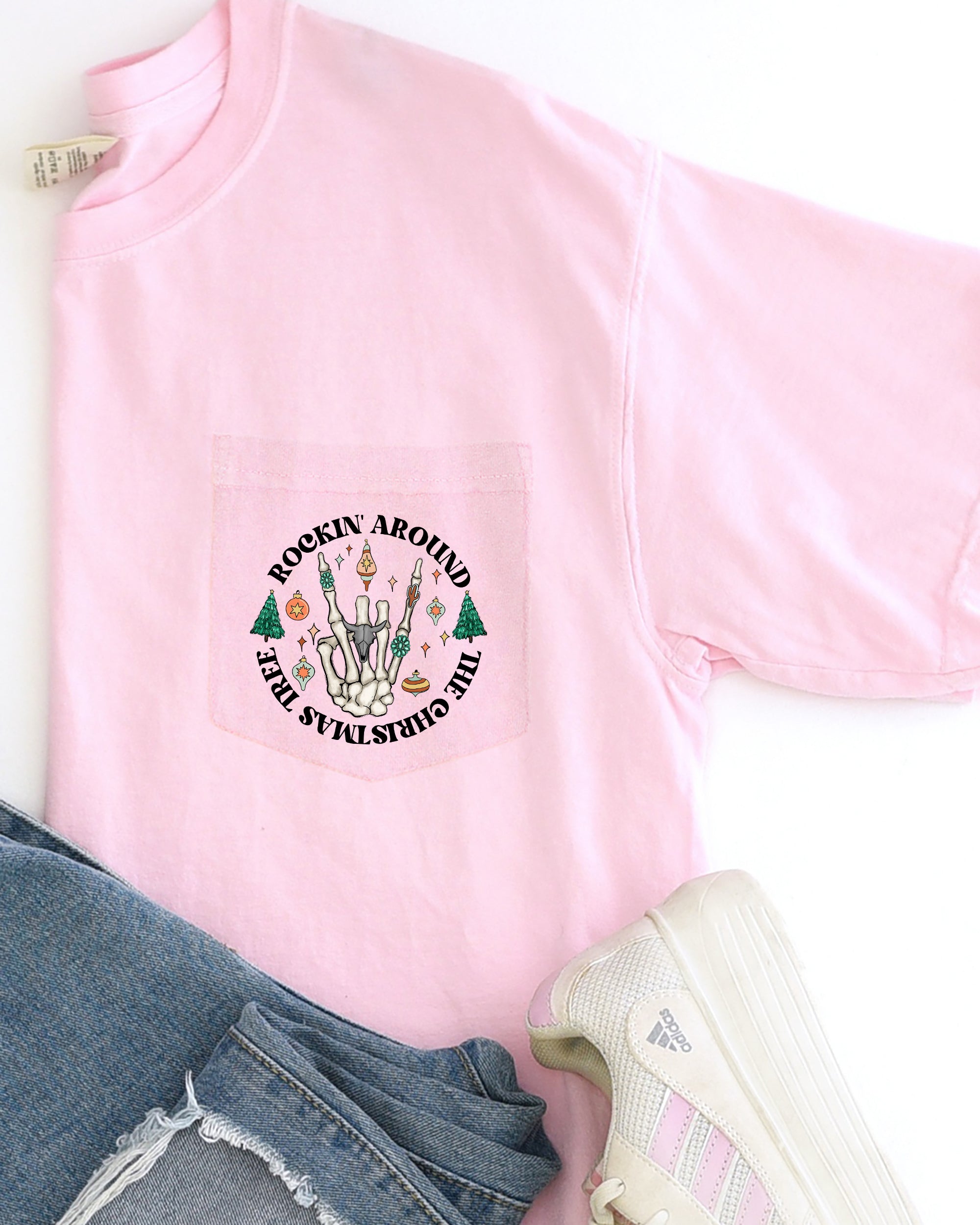 Rockin Around The Christmas Tree Skeleton Pocket Holiday Edition Comfort Colors Tee