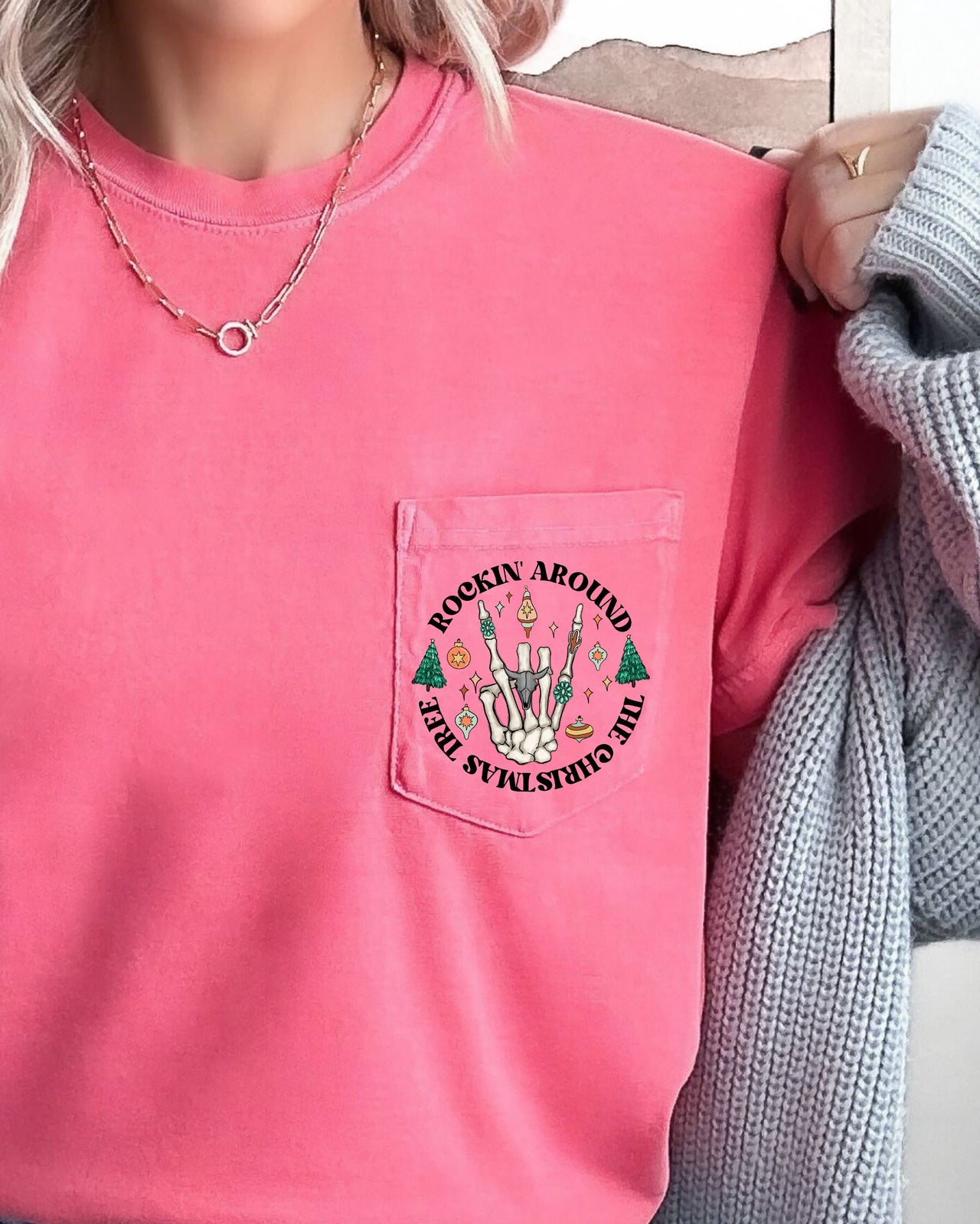 Rockin Around The Christmas Tree Skeleton Pocket Holiday Edition Comfort Colors Tee