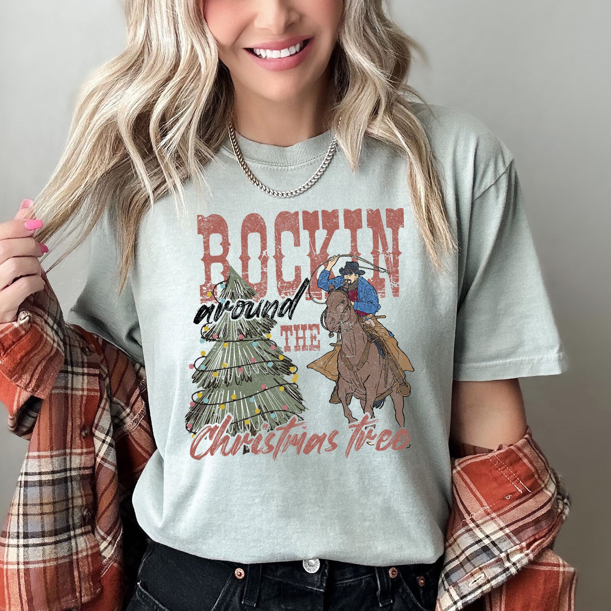 Rocking Around The Christmas Tree, Big Western, Country, Cowboy, Cowgirl Comfort Colors Tee