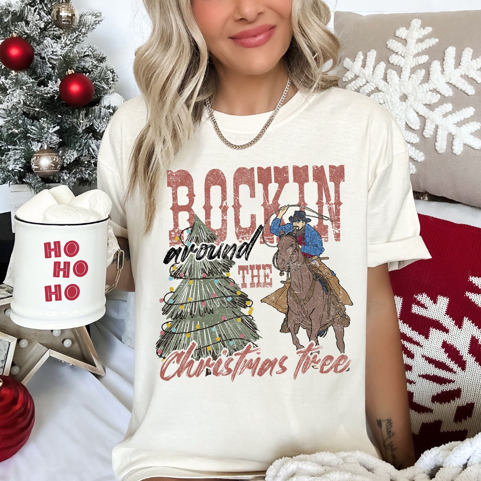 Rocking Around The Christmas Tree, Big Western, Country, Cowboy, Cowgirl Comfort Colors Tee
