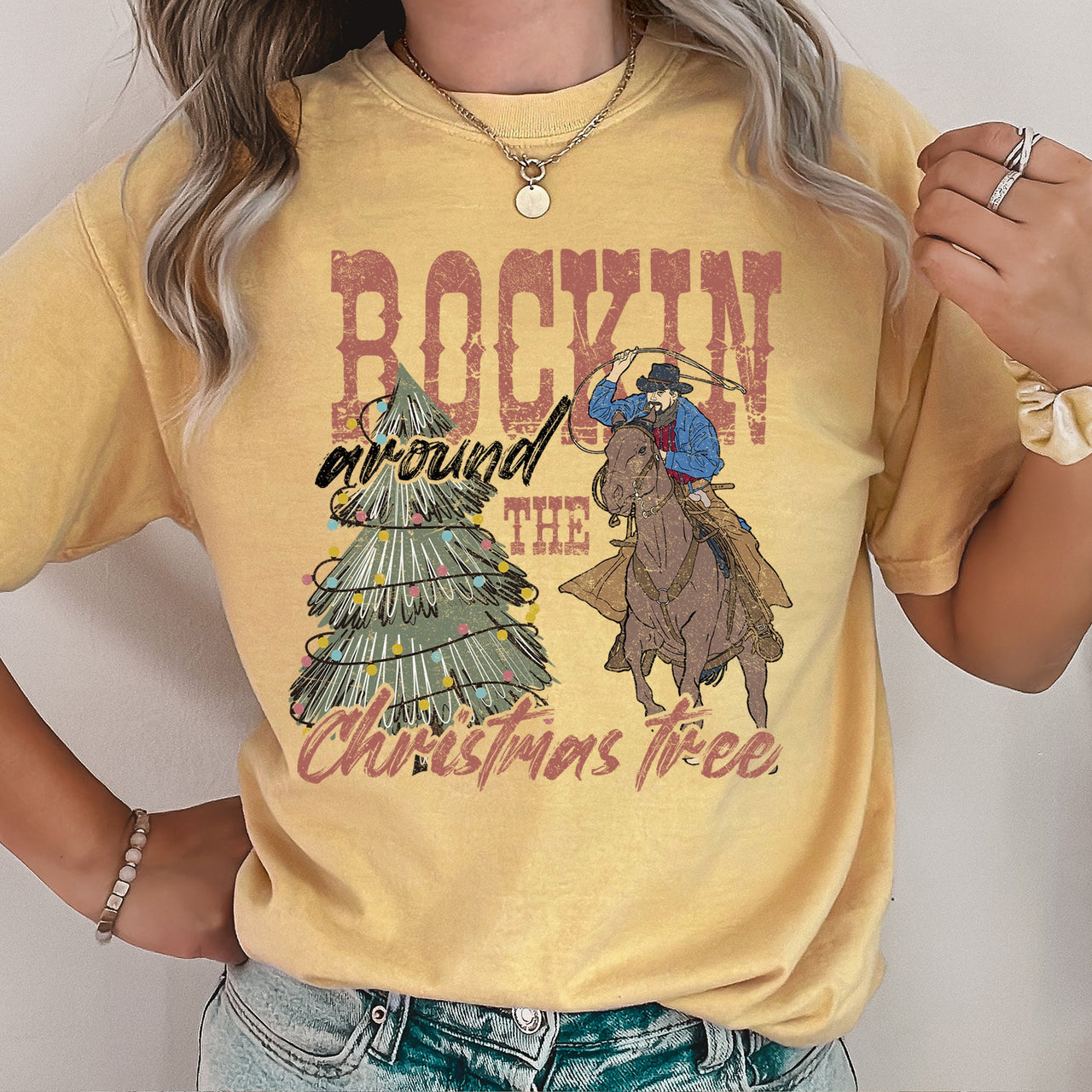 Rocking Around The Christmas Tree, Big Western, Country, Cowboy, Cowgirl Comfort Colors Tee