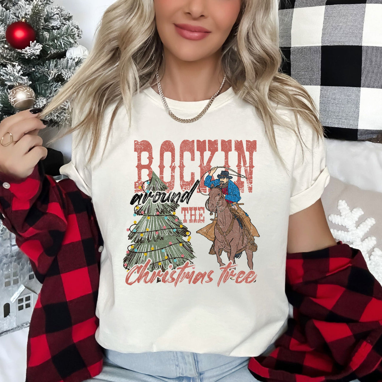 Rocking Around The Christmas Tree Western Cowboy Cowgirl Vintage Classic Graphic Tee