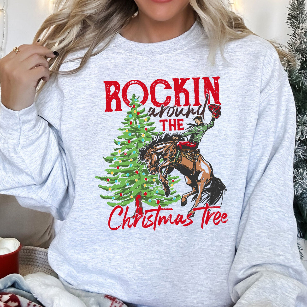 Rocking Around The Christmas Tree Cowboy Edition Cozy Western Holiday Song Lyrics Sweatshirt
