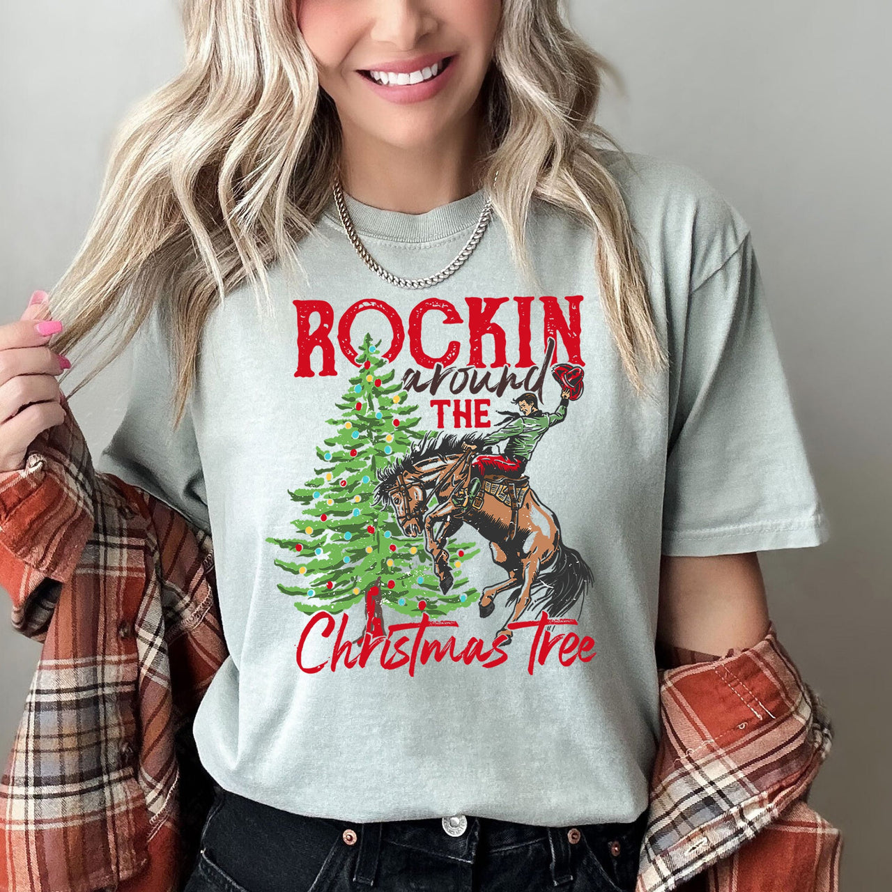 Rocking Around The Christmas Tree Cowboy Horse Rodeo Festive Western Holiday Style Comfort Colors Tee
