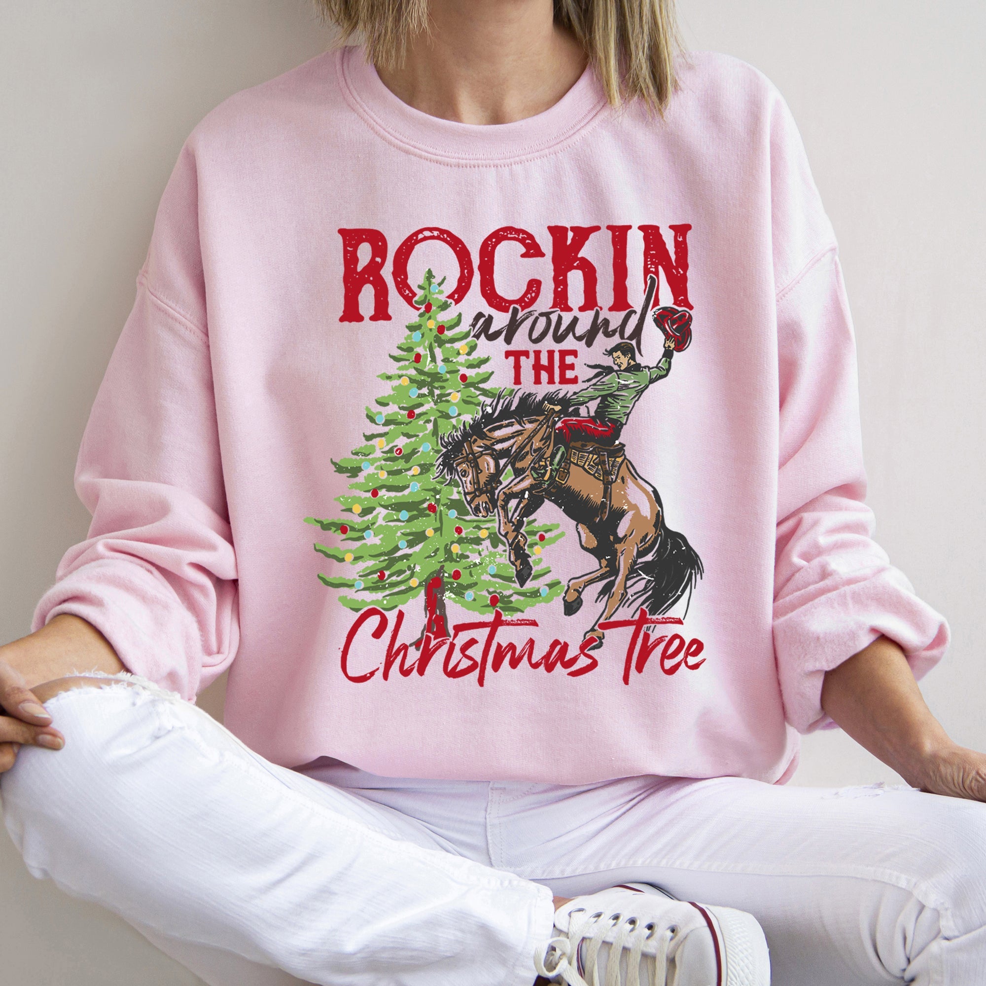 Rocking Around The Christmas Tree Cowboy Edition Cozy Western Holiday Song Lyrics Sweatshirt