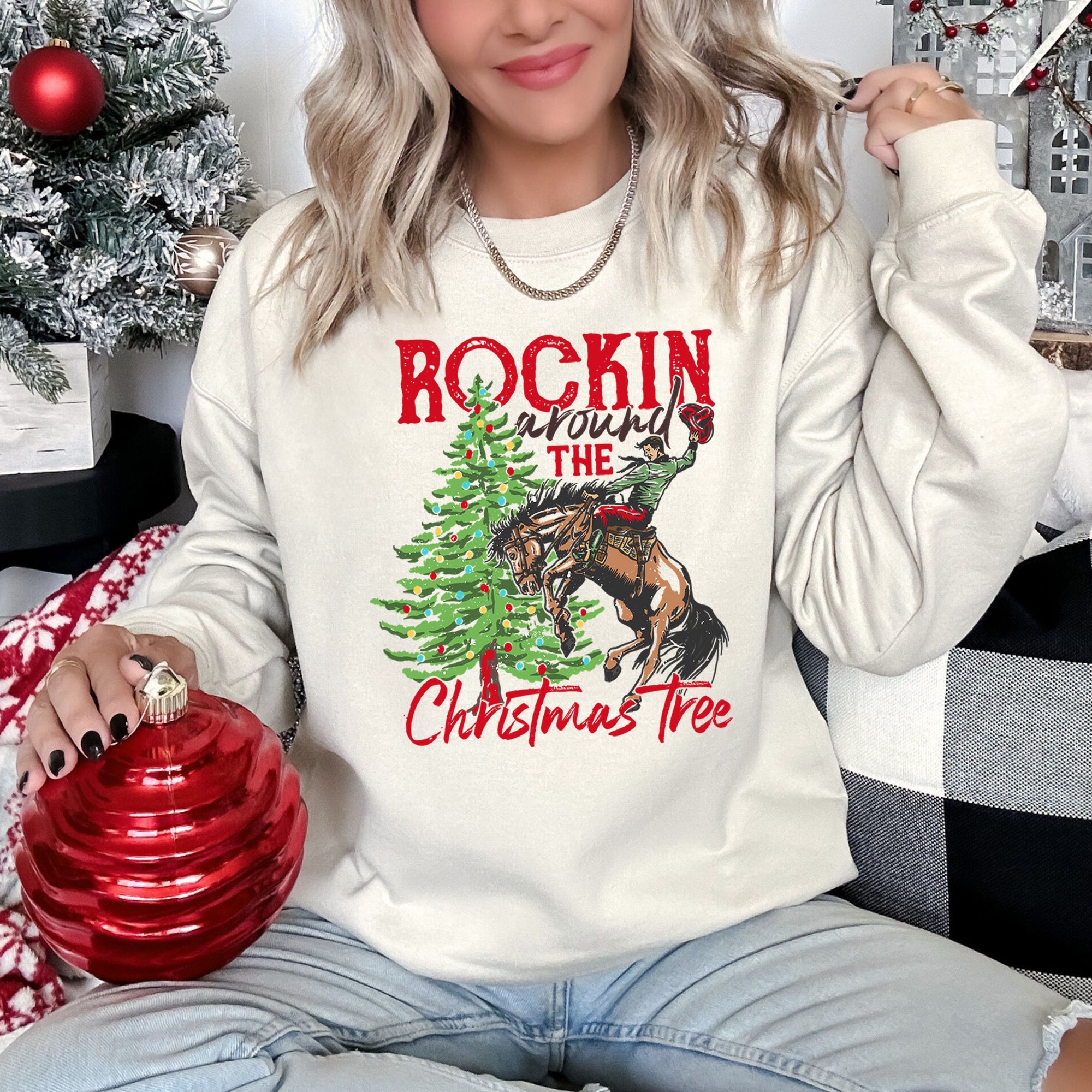 Rocking Around The Christmas Tree Cowboy Edition Cozy Western Holiday Song Lyrics Sweatshirt