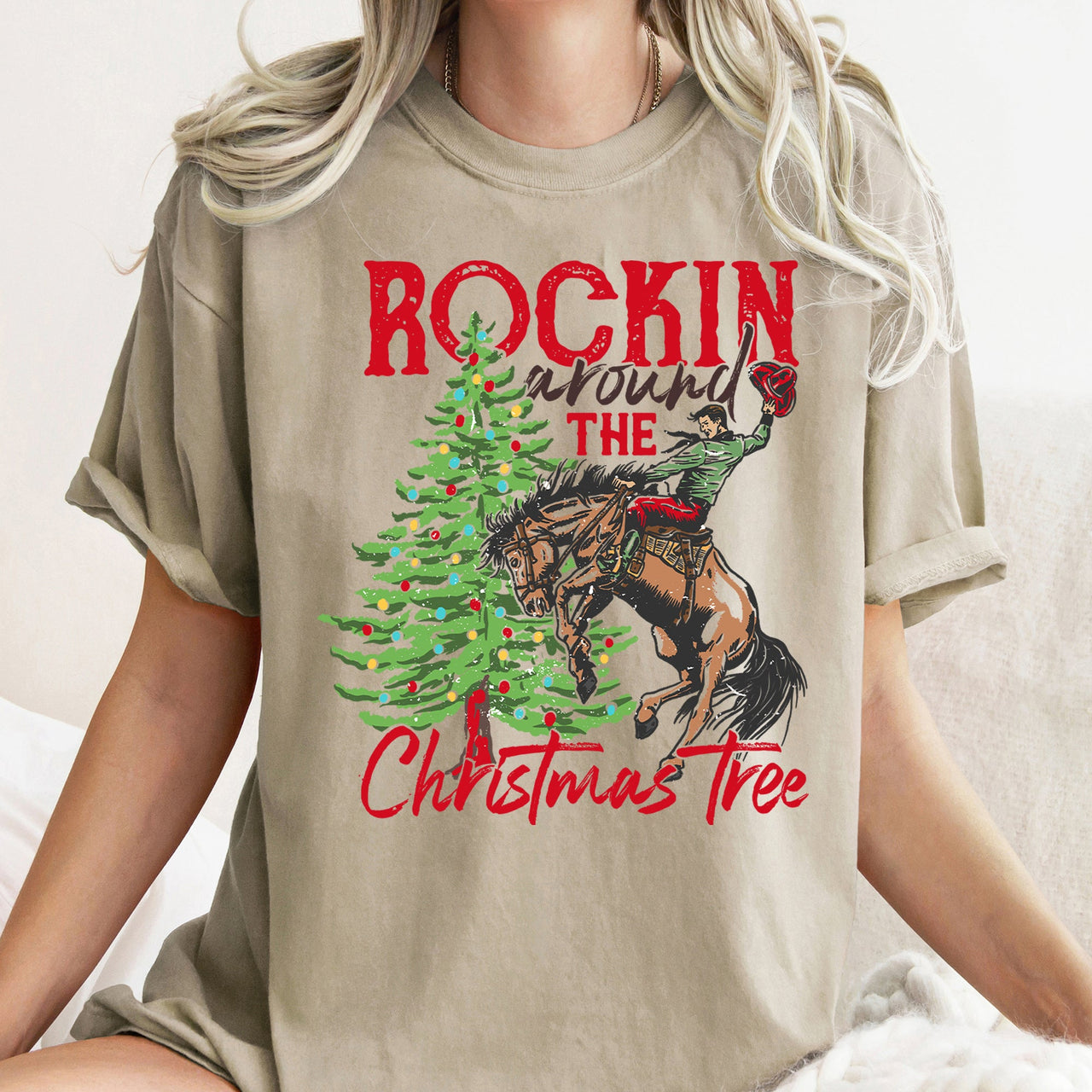 Rocking Around The Christmas Tree Cowboy Horse Rodeo Festive Western Holiday Style Comfort Colors Tee