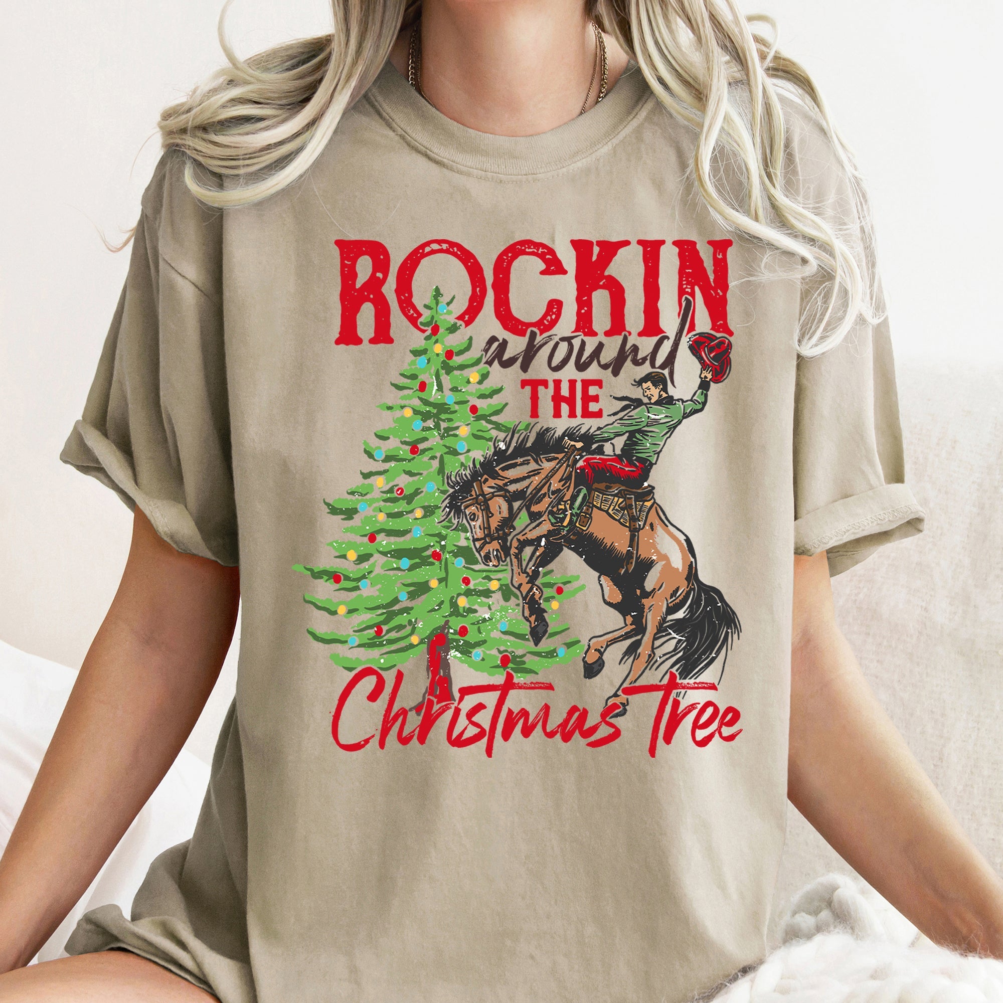 Rocking Around The Christmas Tree Cowboy Horse Rodeo Festive Western Holiday Style Comfort Colors Tee