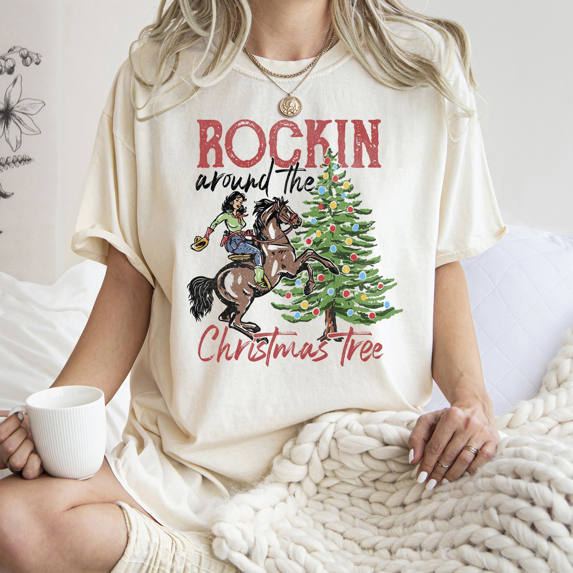Rocking Around The Christmas Tree Cowboy Horse Rodeo Festive Western Holiday Style Comfort Colors Tee