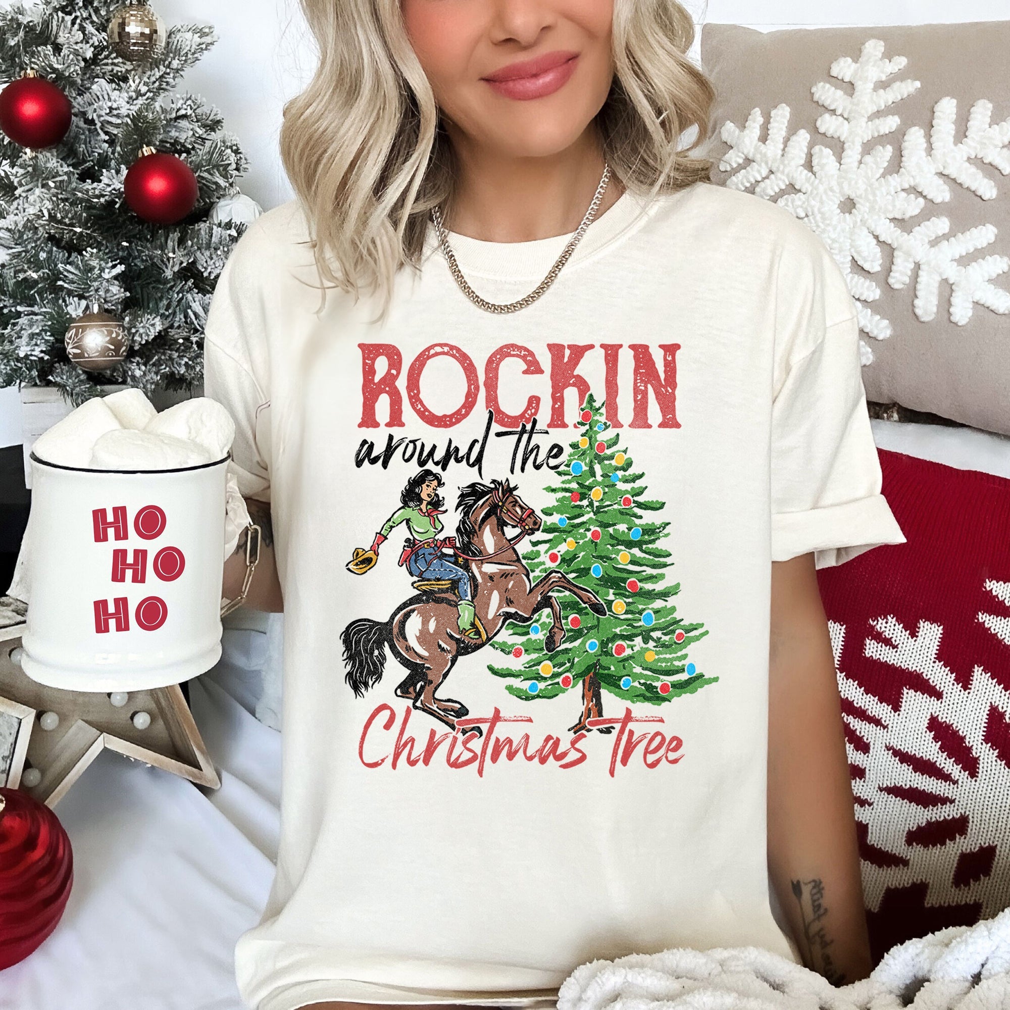 Rocking Around The Christmas Tree Cowboy Horse Rodeo Festive Western Holiday Style Comfort Colors Tee