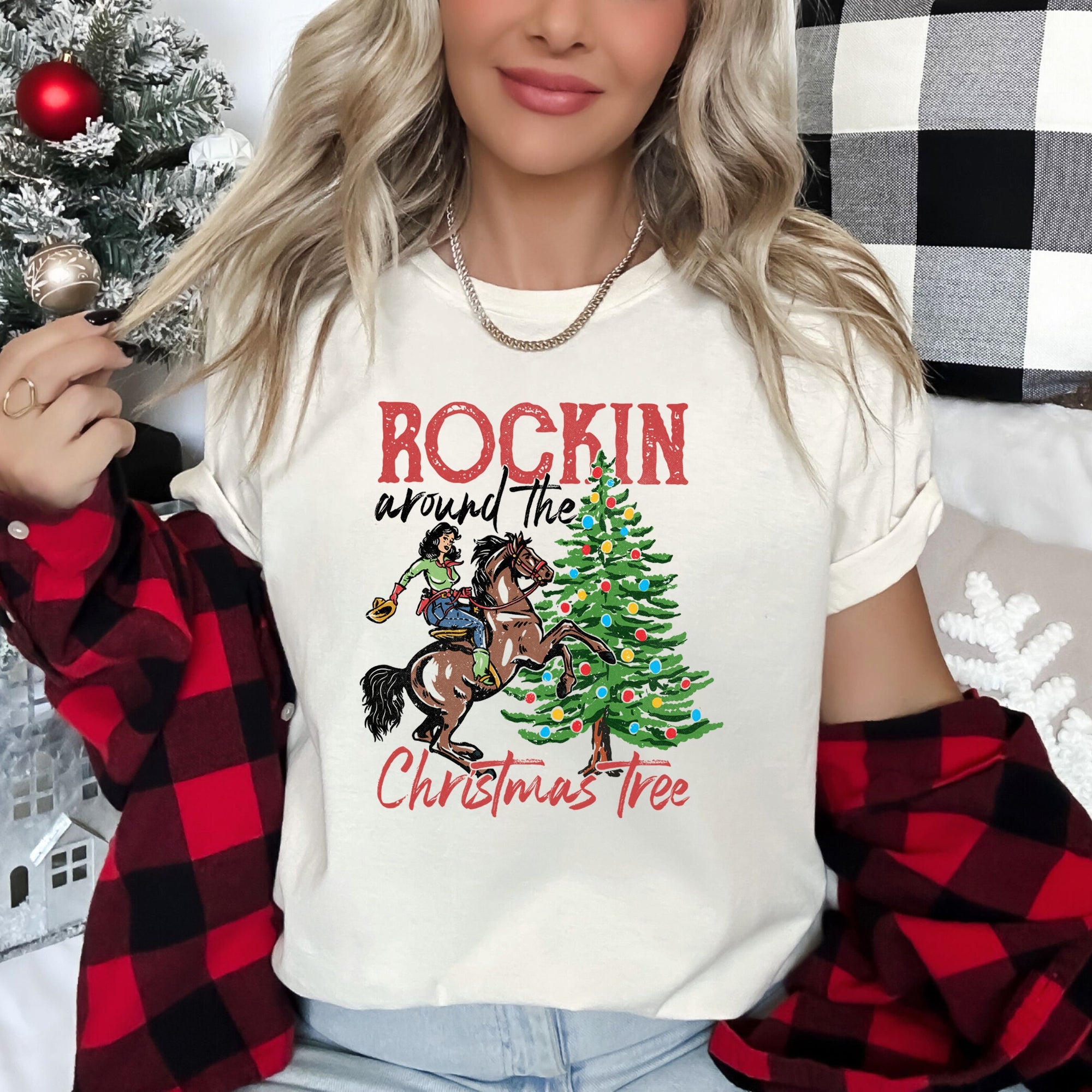 Rocking Around The Christmas Tree Cowgirl Horse Rodeo Holiday Western Scene Graphic Tee