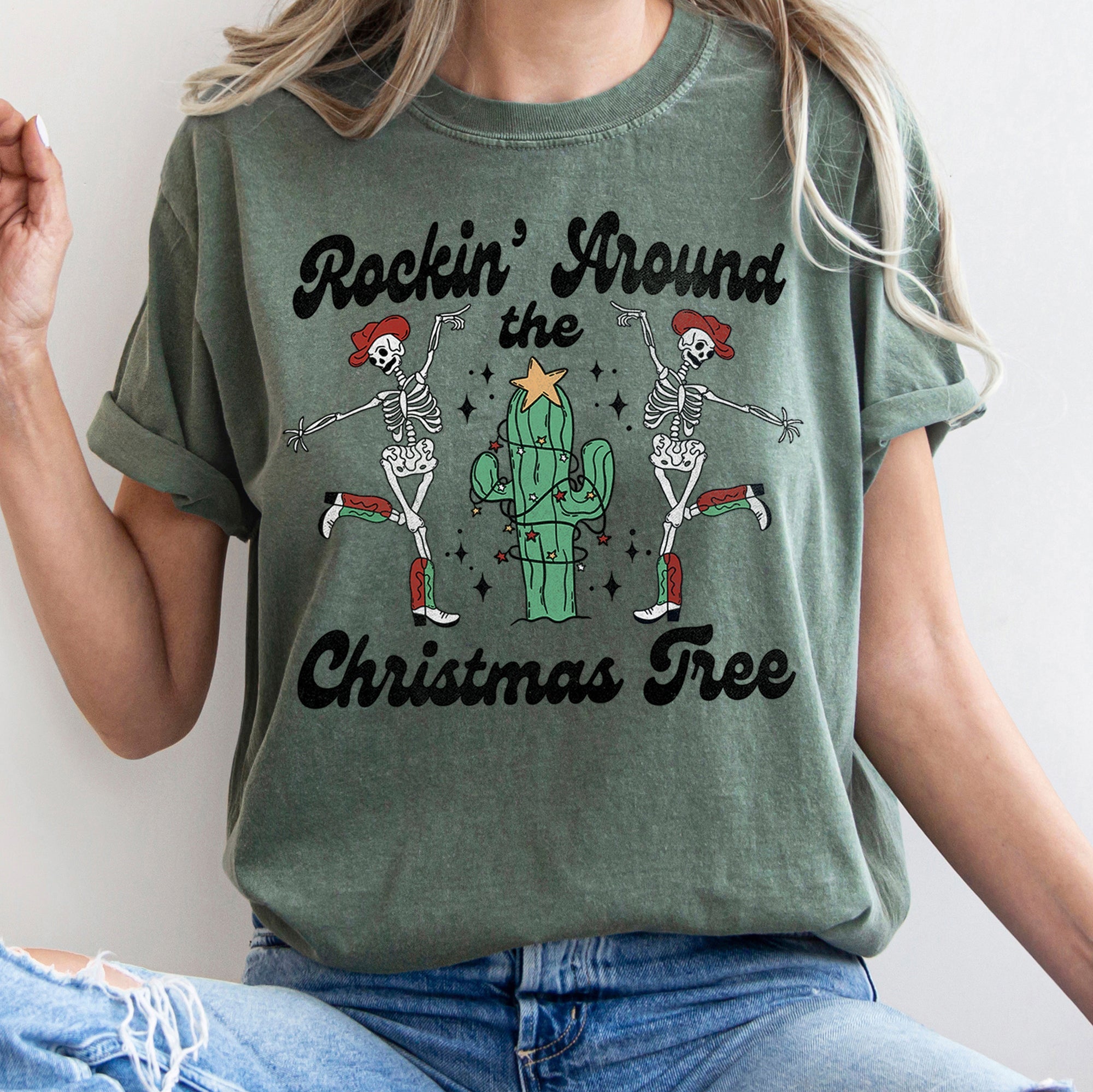 Rocking Around The Christmas Tree Desert Cactus Dancing Skeletons Comfort Colors Tee