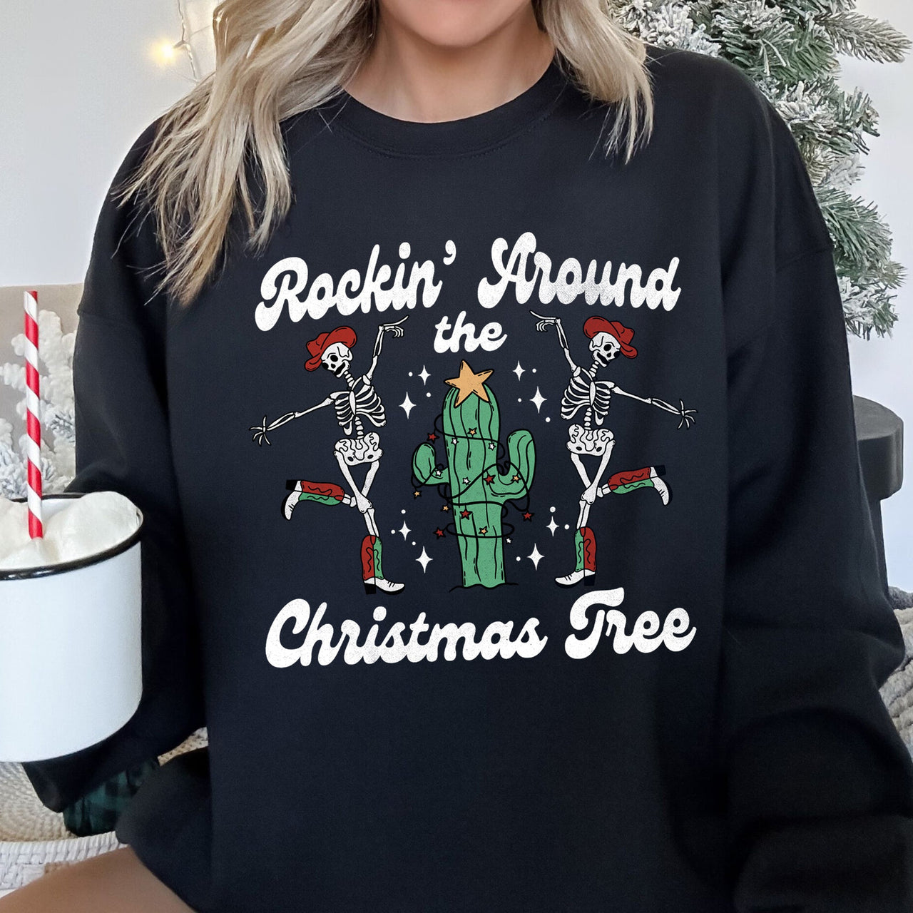 Rocking Around The Christmas Tree Desert Skeletons Holiday Nights Graphic Sweatshirt
