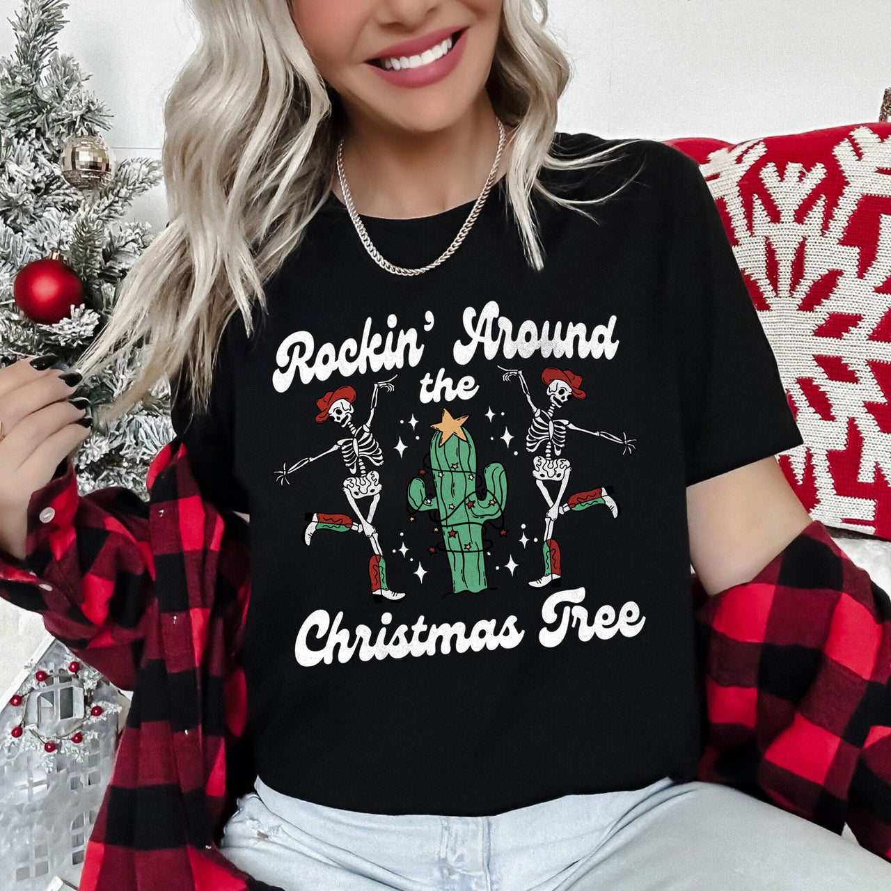 Rocking Around The Christmas Tree Desert Cactus Dancing Skeletons Holiday Graphic Tee