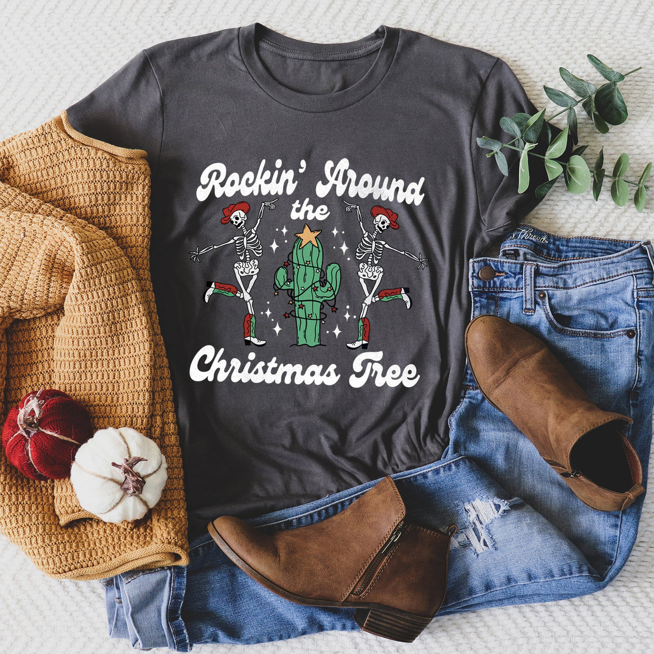 Rocking Around The Christmas Tree Desert Cactus Dancing Skeletons Holiday Graphic Tee