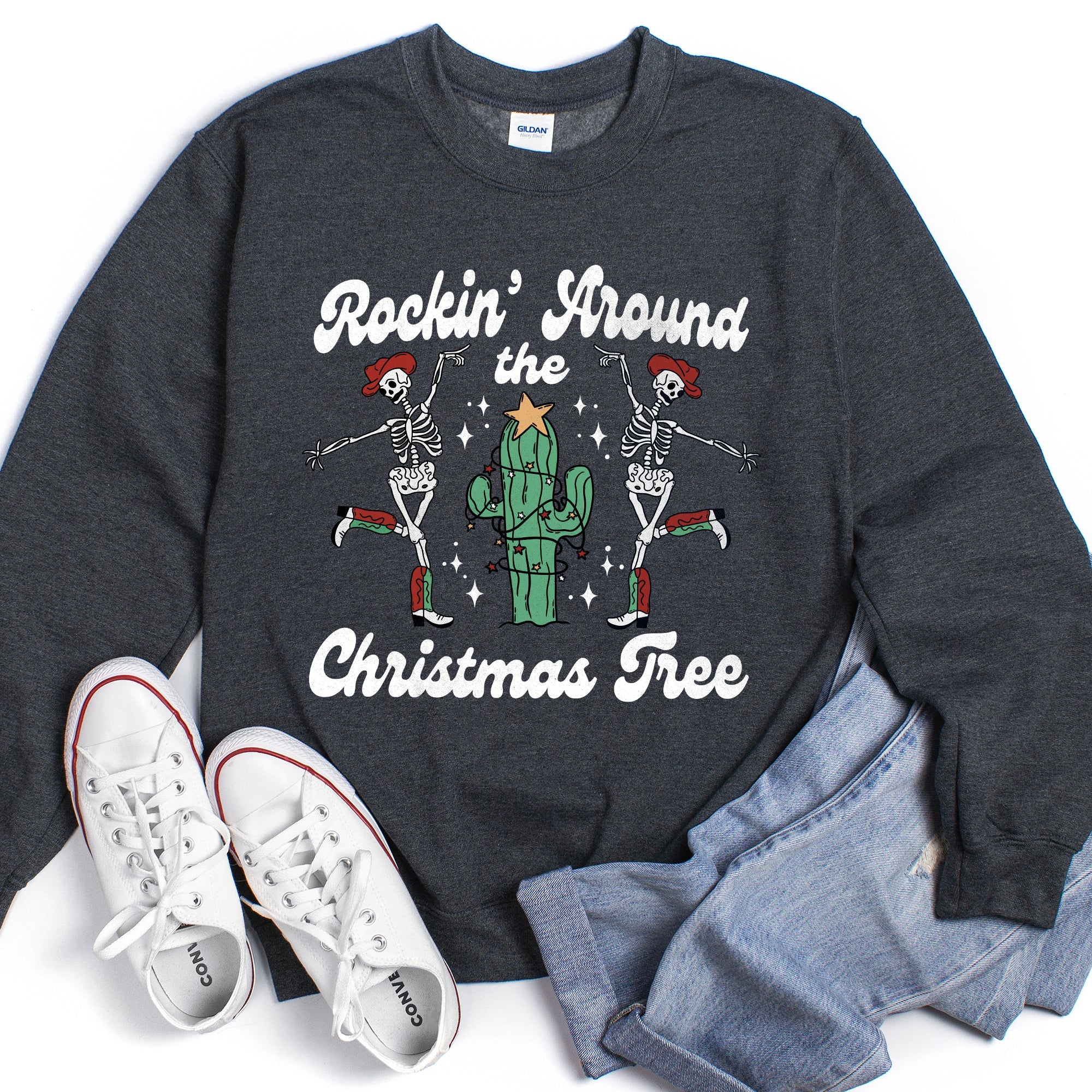 Rocking Around The Christmas Tree Desert Skeletons Holiday Nights Graphic Sweatshirt