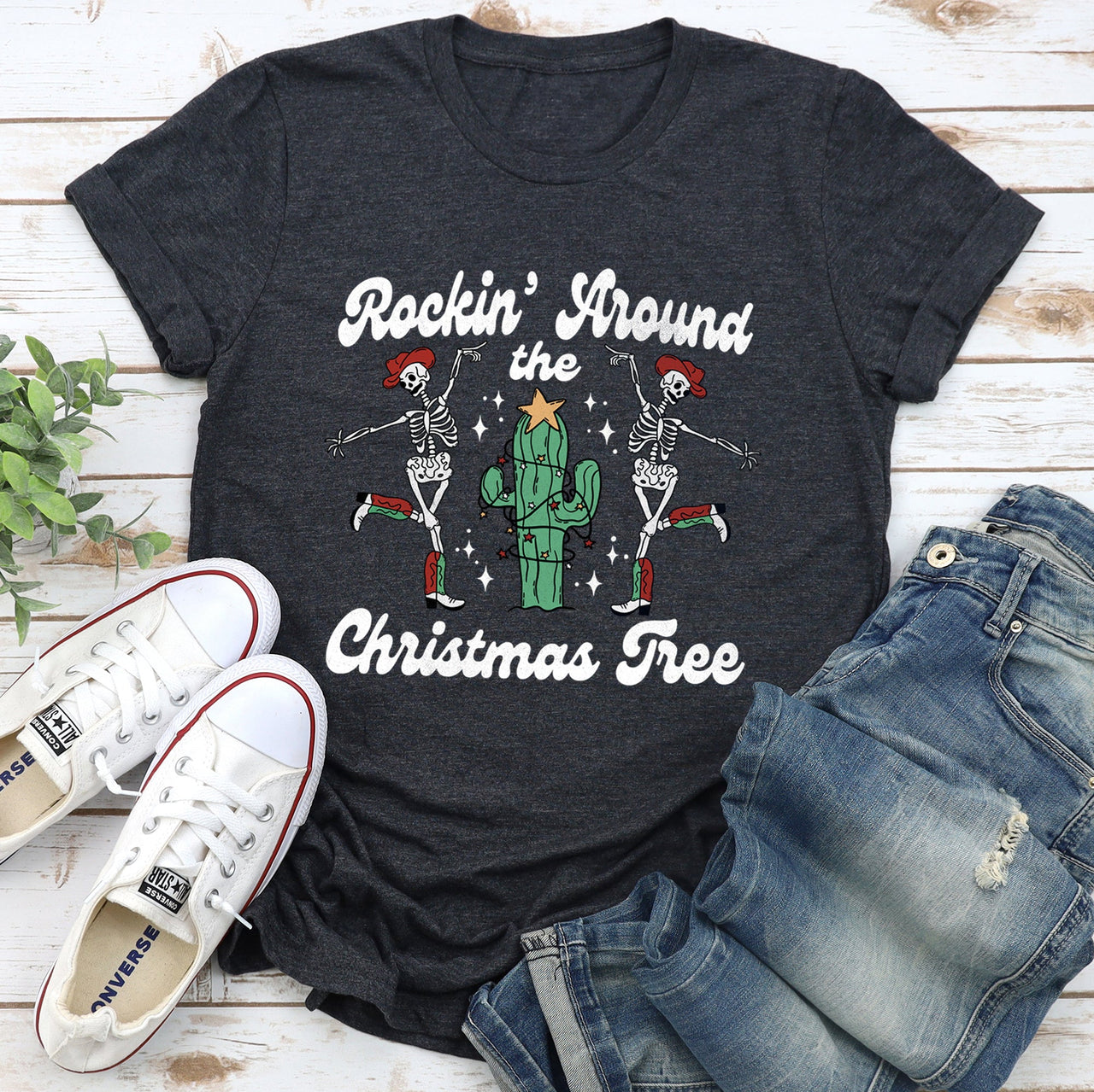 Rocking Around The Christmas Tree Desert Cactus Dancing Skeletons Holiday Graphic Tee