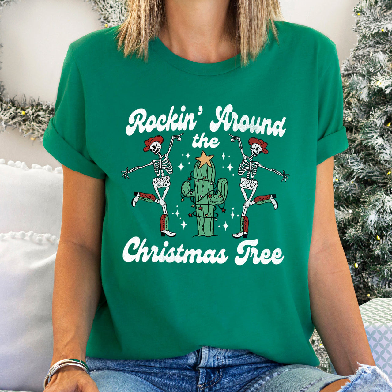 Rocking Around The Christmas Tree Desert Cactus Dancing Skeletons Holiday Graphic Tee