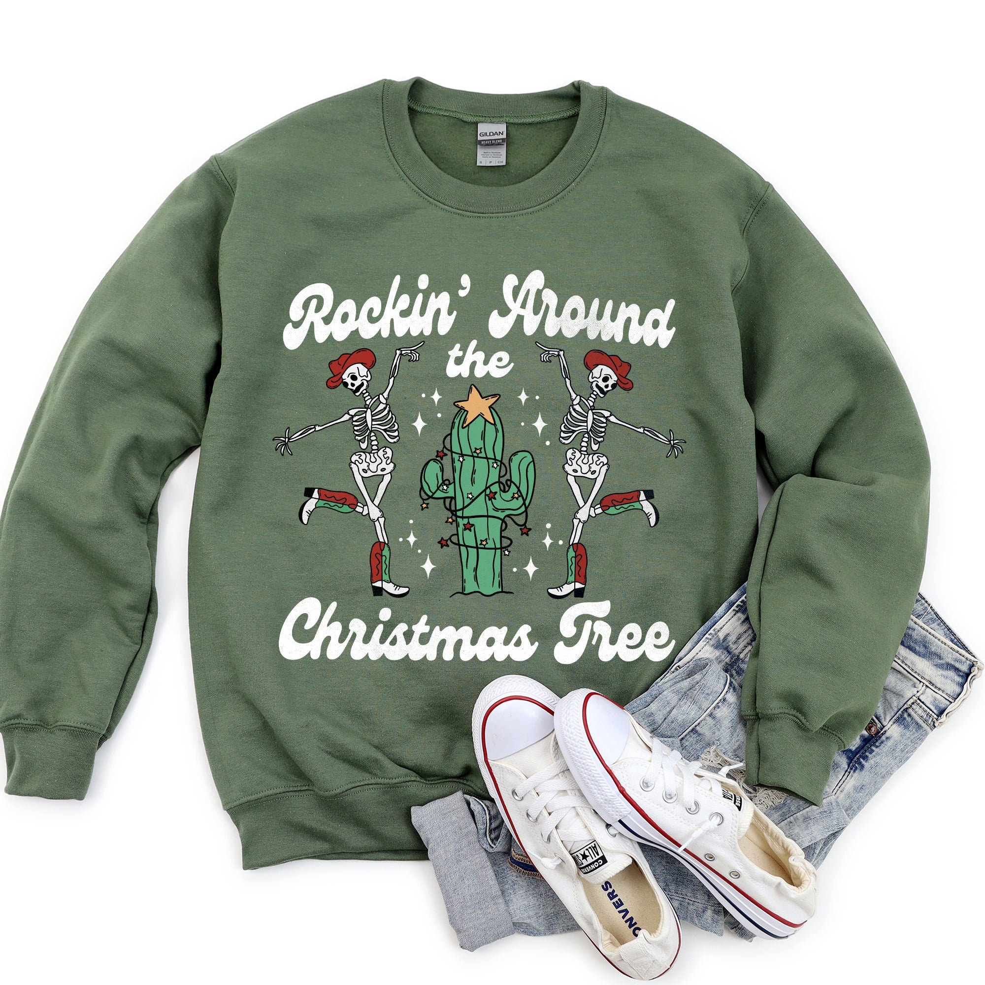 Rocking Around The Christmas Tree Desert Skeletons Holiday Nights Graphic Sweatshirt