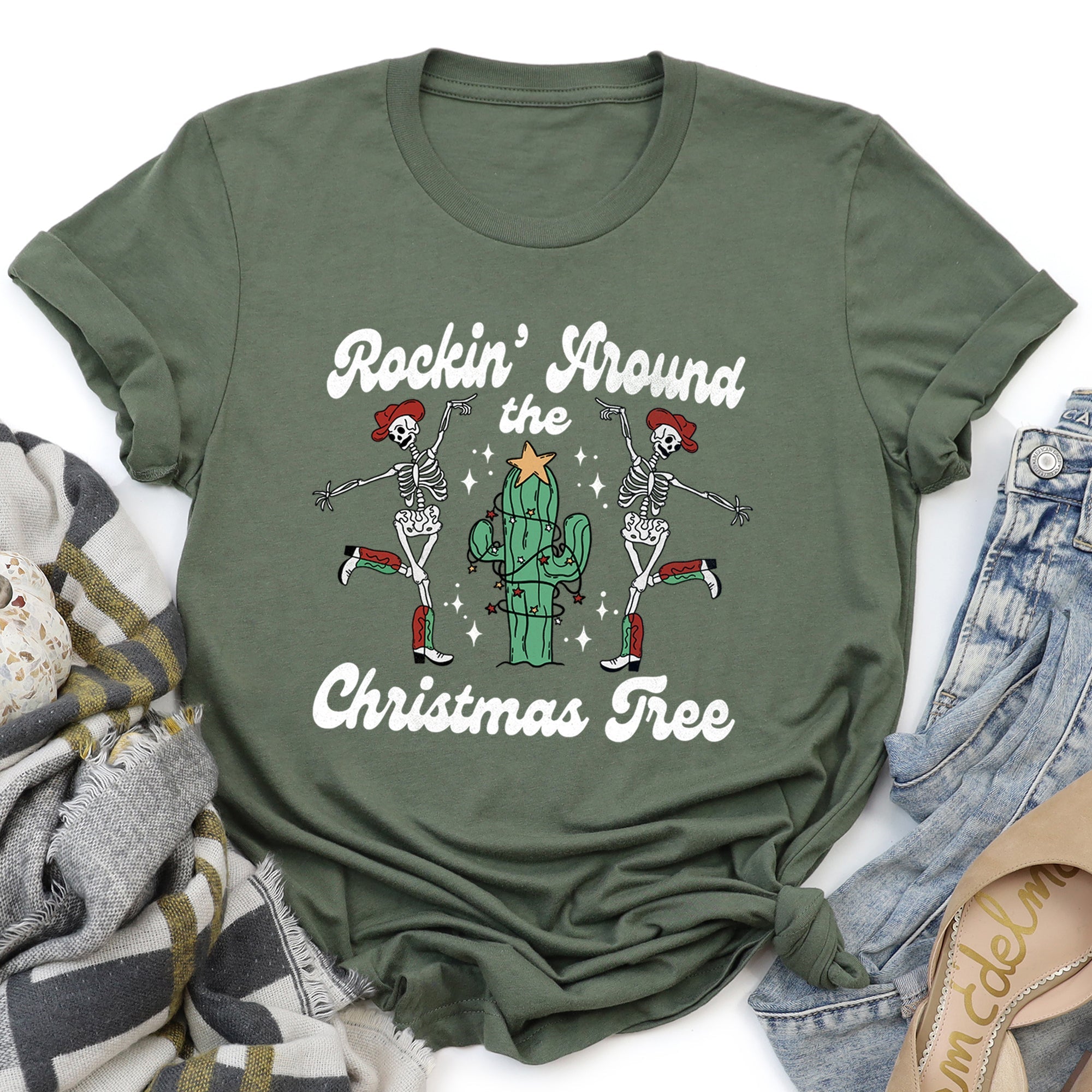 Rocking Around The Christmas Tree Desert Cactus Dancing Skeletons Holiday Graphic Tee
