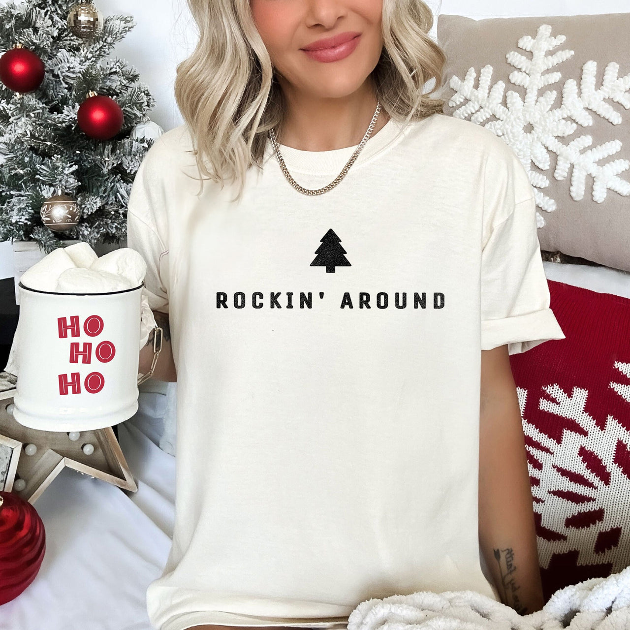 Rocking Around The Christmas Tree Minimal Retro Rock And Roll Comfort Colors Tee