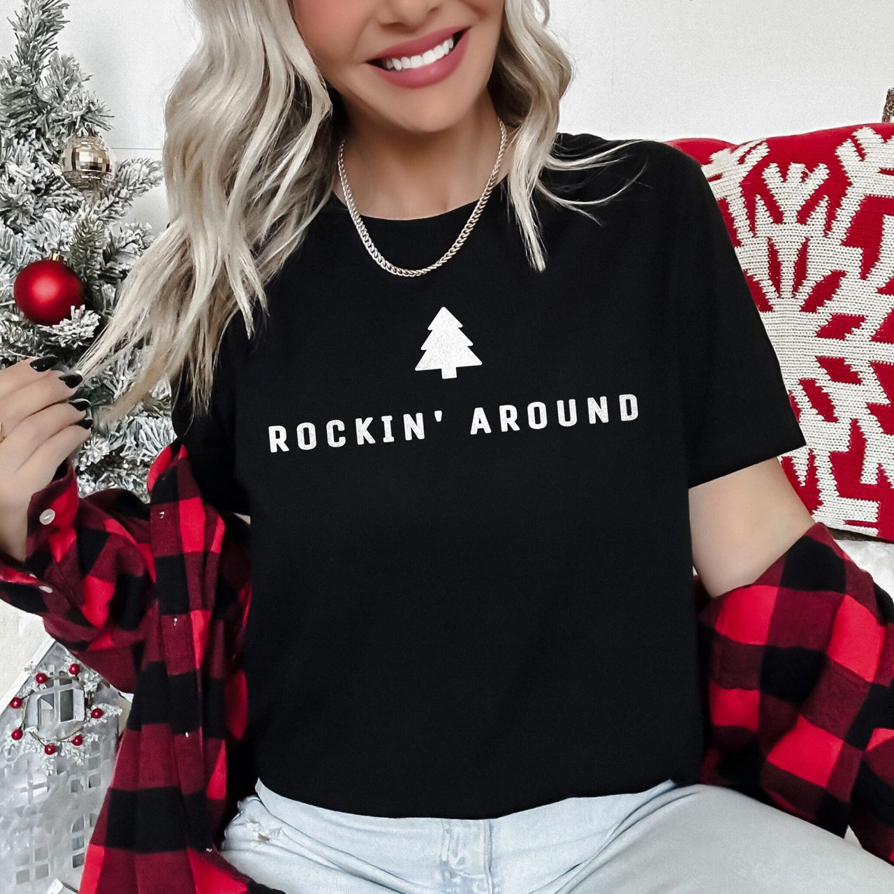 Rocking Around The Christmas Tree Minimalist Retro Holiday Soft Cozy Vintage Graphic Tee