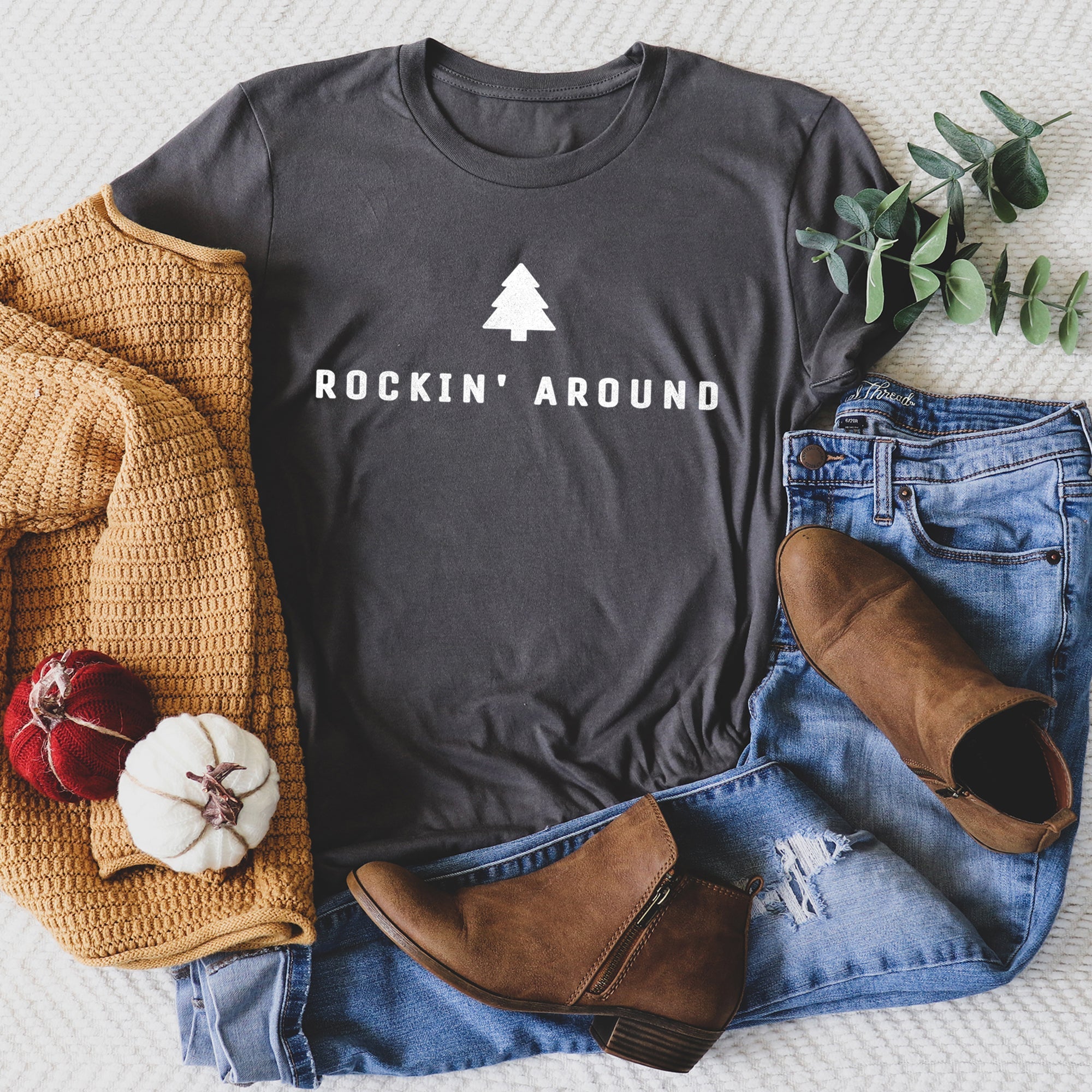 Rocking Around The Christmas Tree Minimalist Retro Holiday Soft Cozy Vintage Graphic Tee