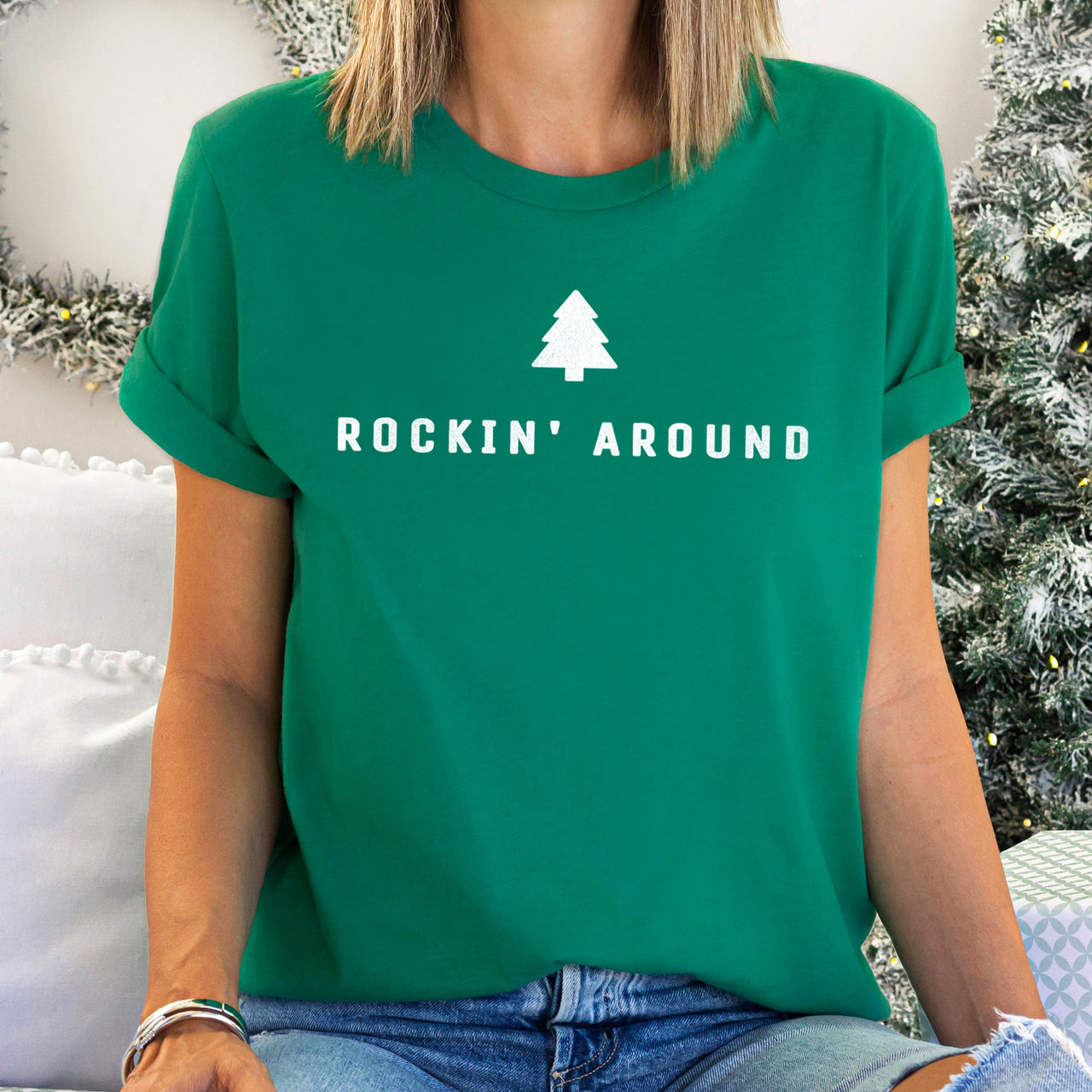 Rocking Around The Christmas Tree Minimalist Retro Holiday Soft Cozy Vintage Graphic Tee