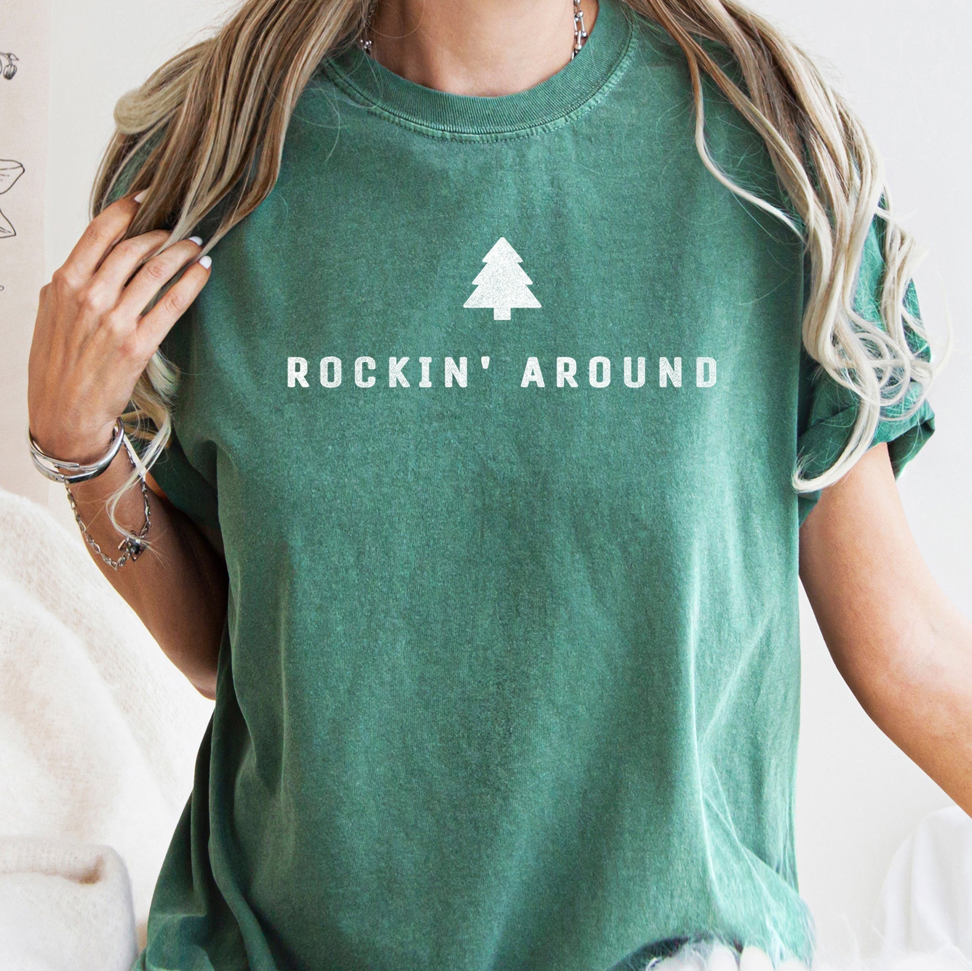 Rocking Around The Christmas Tree Minimal Retro Rock And Roll Comfort Colors Tee