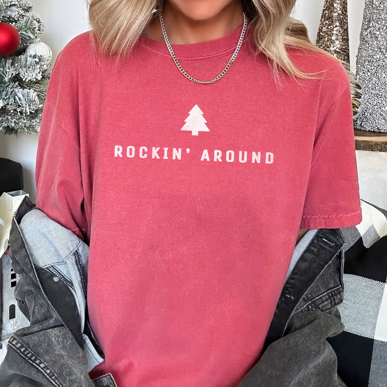 Rocking Around The Christmas Tree Minimal Retro Rock And Roll Comfort Colors Tee