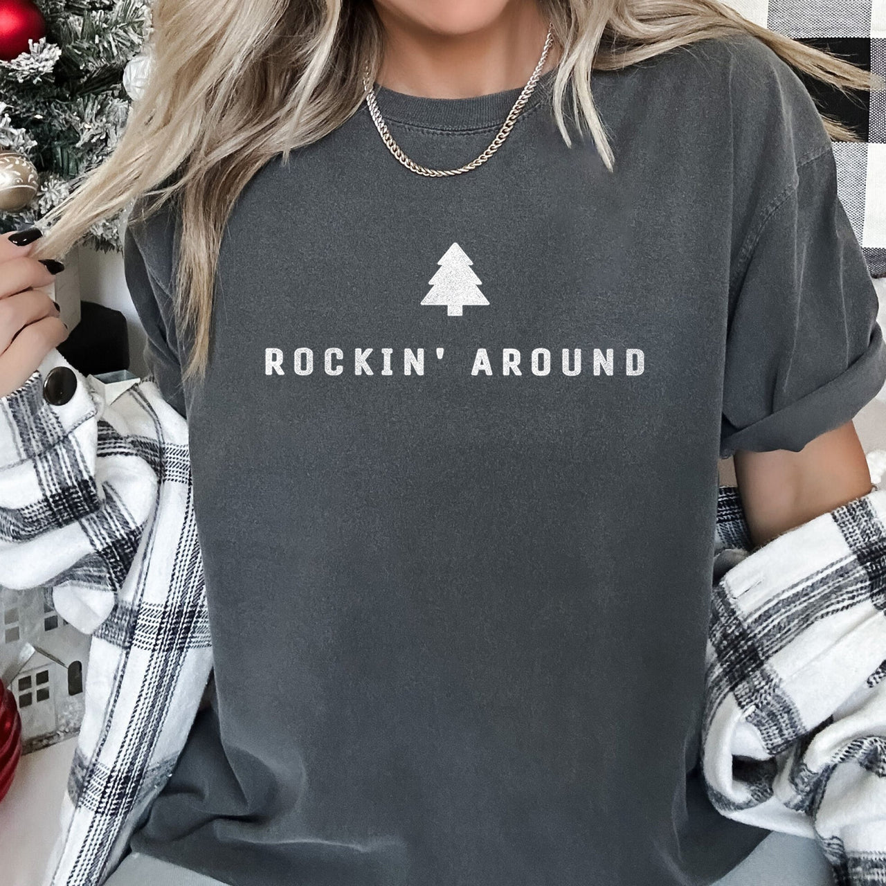 Rocking Around The Christmas Tree Minimal Retro Rock And Roll Comfort Colors Tee