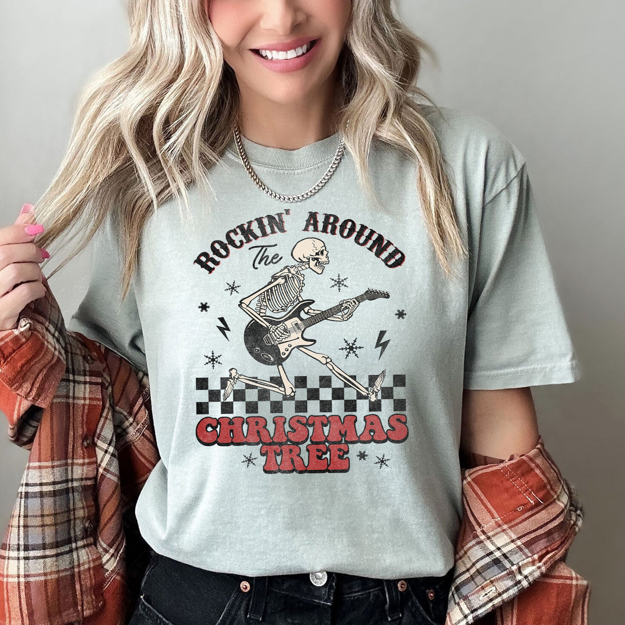 Rocking Around The Christmas Tree Skeleton Retro Rock And Roll Comfort Colors Tee