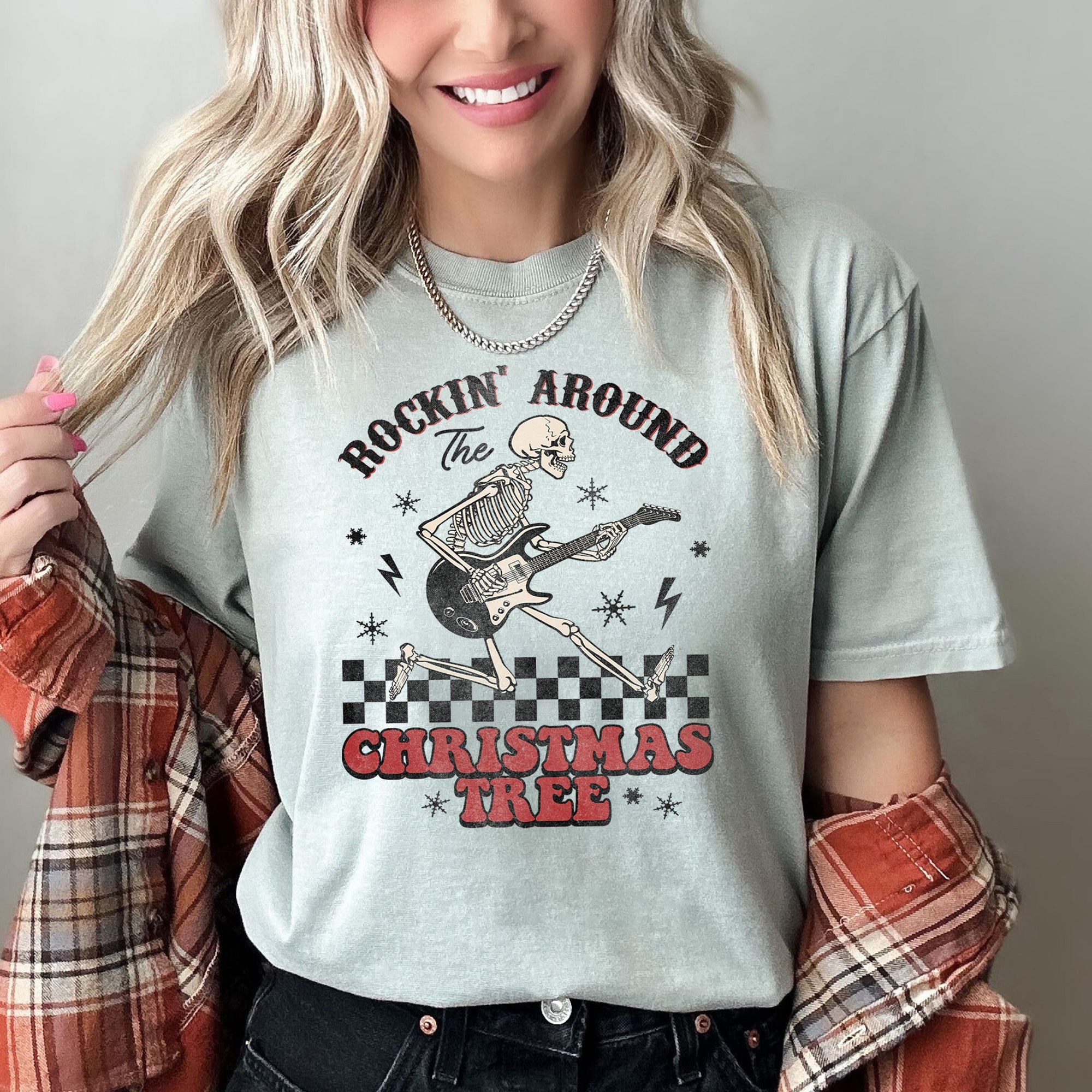 Rocking Around The Christmas Tree Skeleton Retro Rock And Roll Comfort Colors Tee