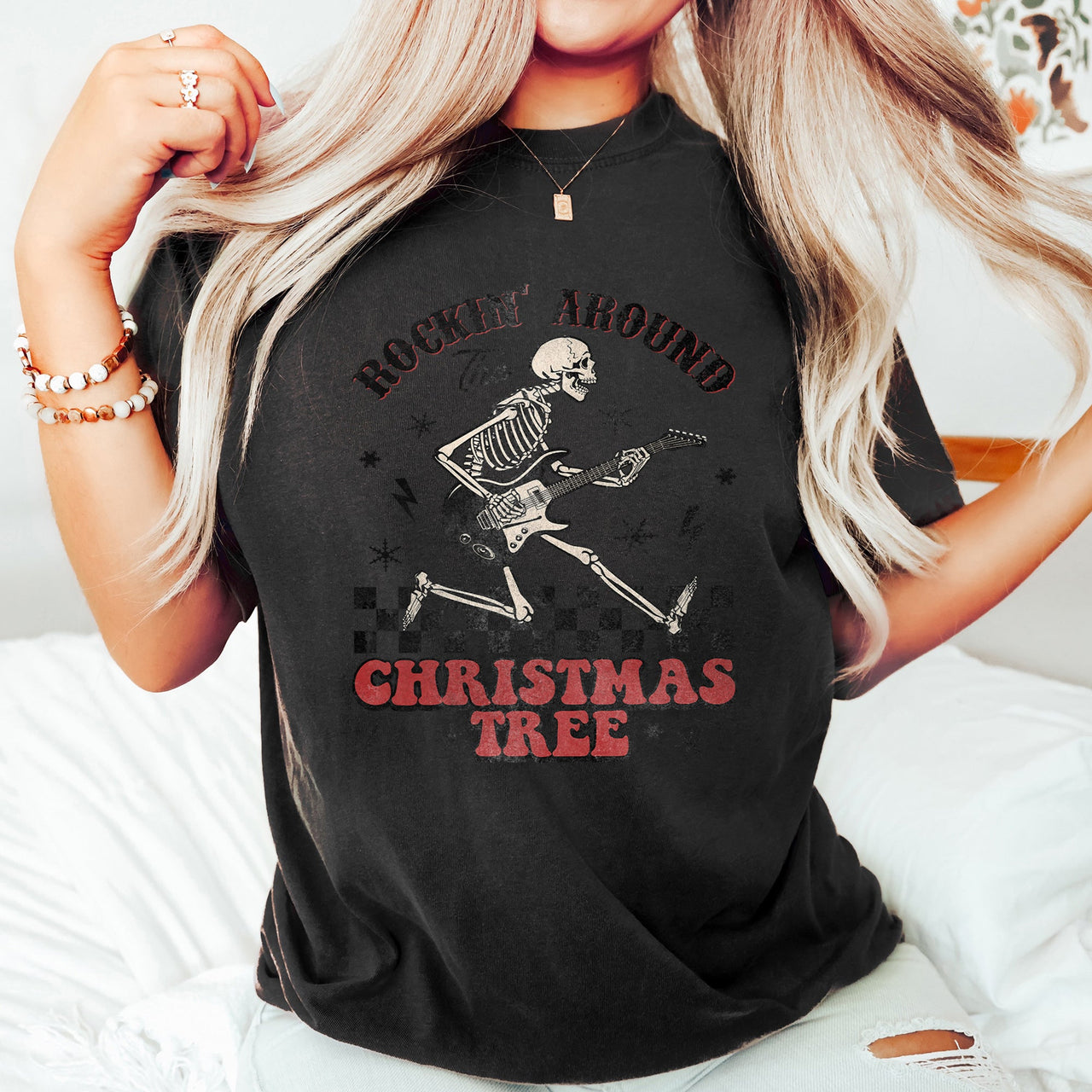 Rocking Around The Christmas Tree Skeleton Retro Rock And Roll Comfort Colors Tee