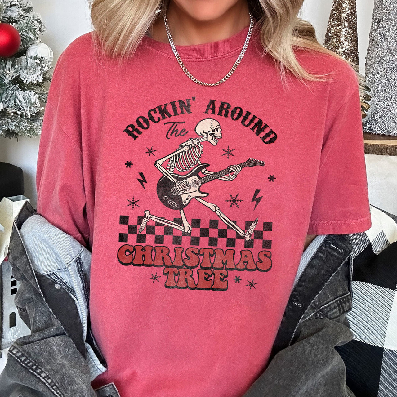 Rocking Around The Christmas Tree Skeleton Retro Rock And Roll Comfort Colors Tee