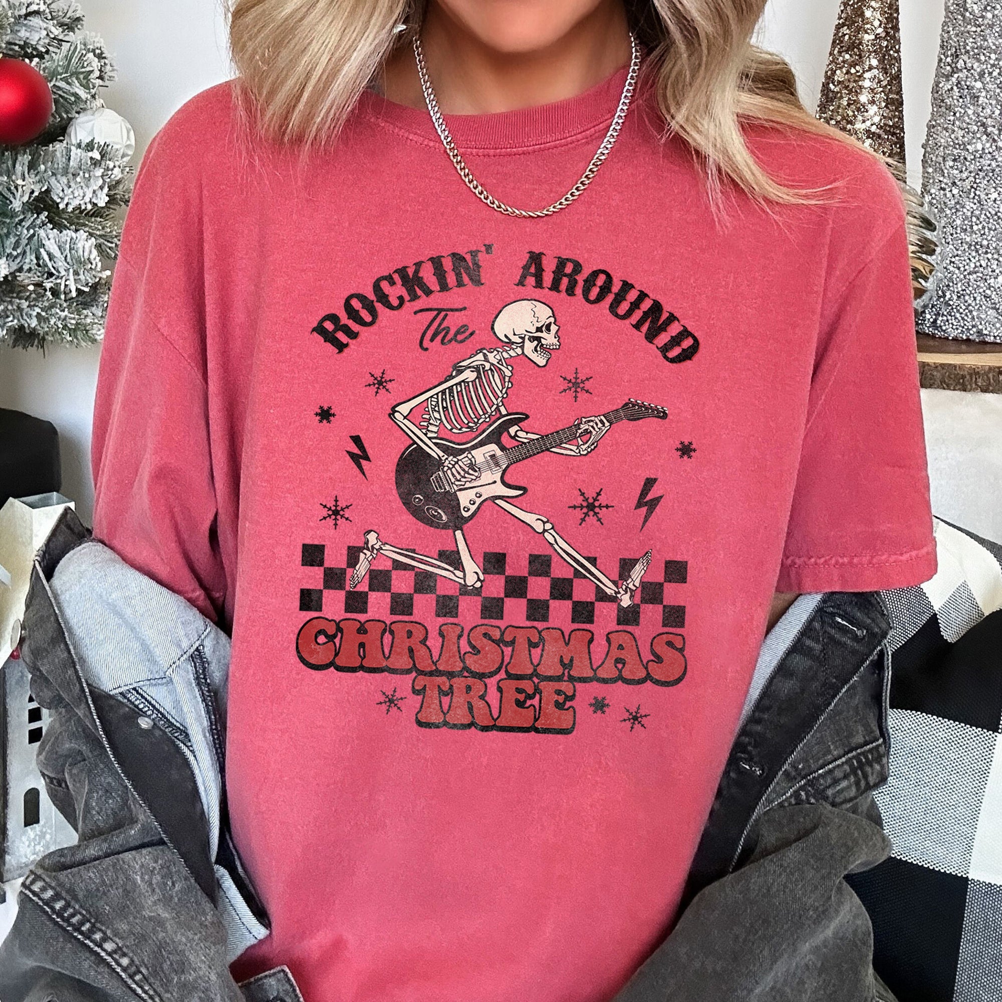 Rocking Around The Christmas Tree Skeleton Retro Rock And Roll Comfort Colors Tee