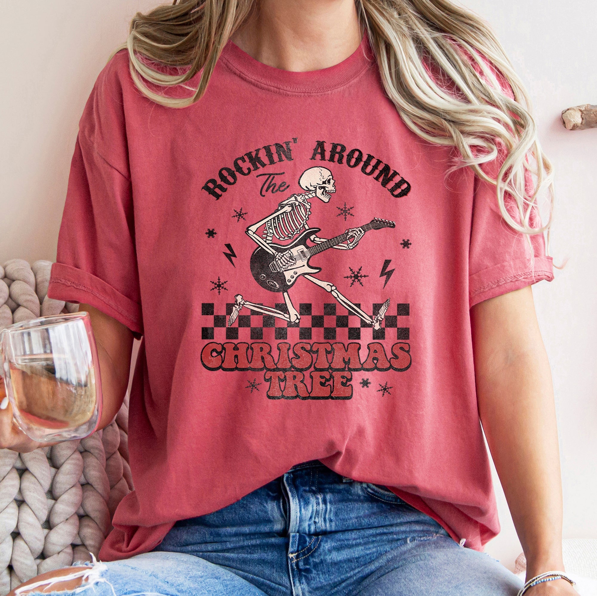 Rocking Around The Christmas Tree Skeleton Retro Rock And Roll Comfort Colors Tee