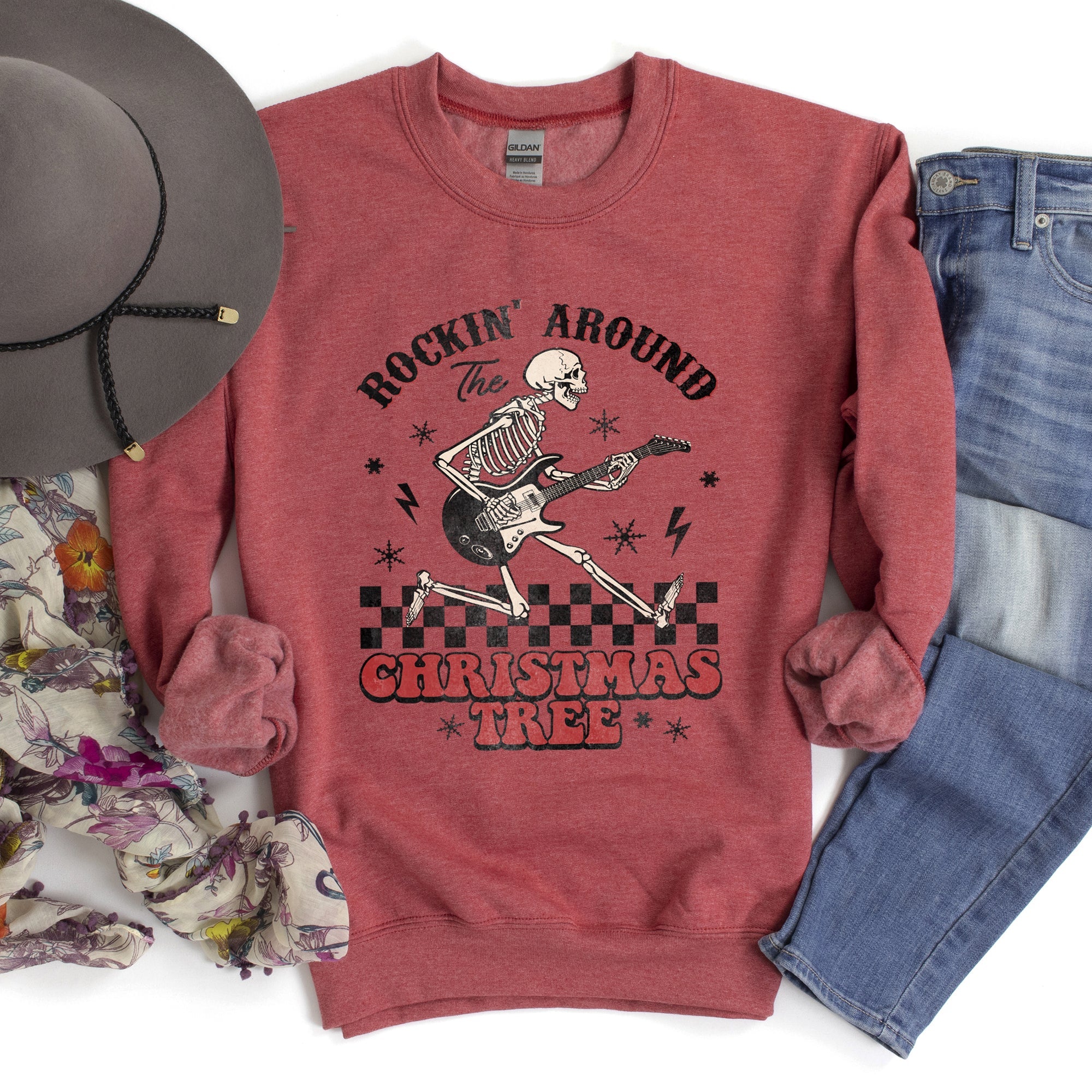 Rocking Around The Christmas Tree Skeleton Rock Holiday Ornament Edition Sweatshirt