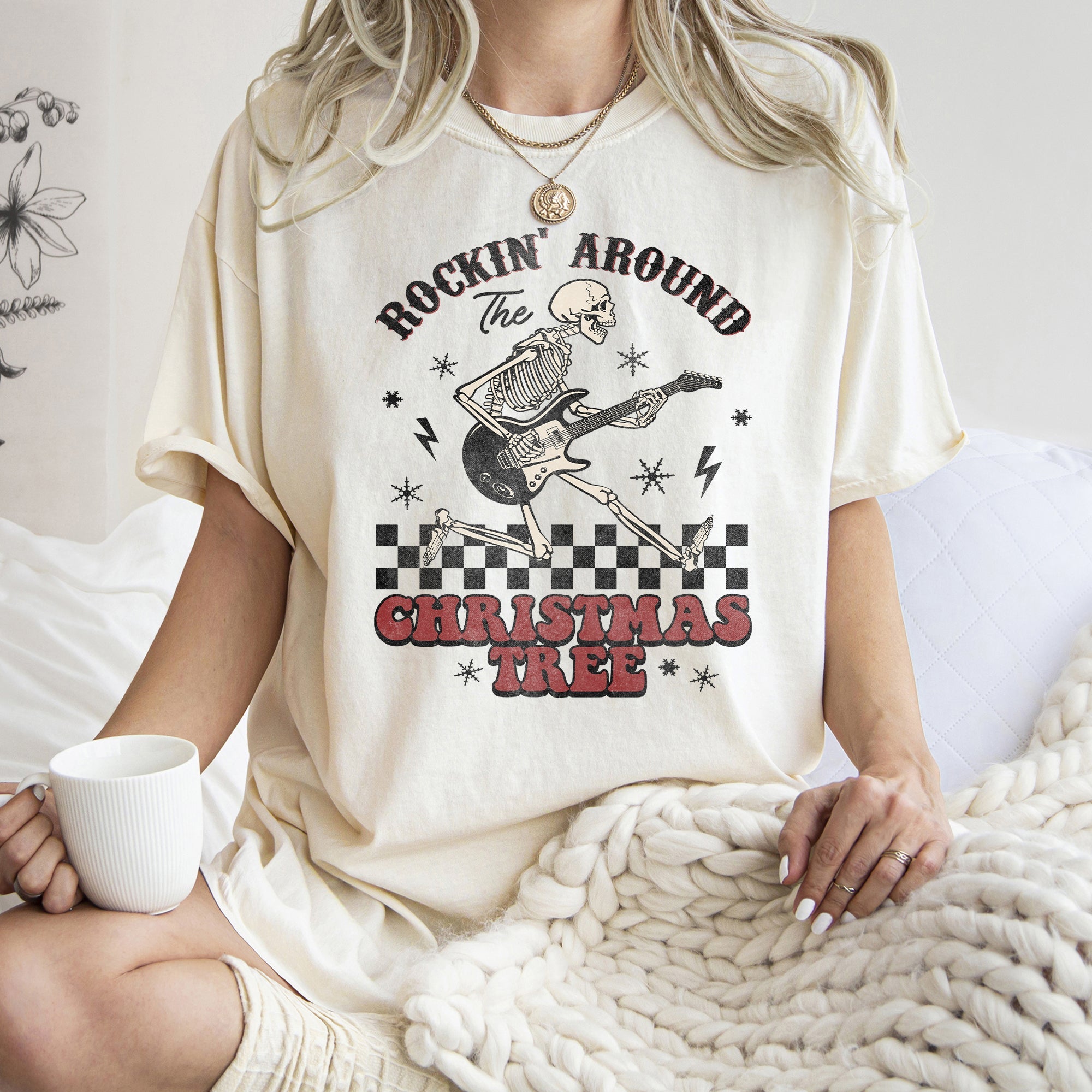Rocking Around The Christmas Tree Skeleton Retro Rock And Roll Comfort Colors Tee