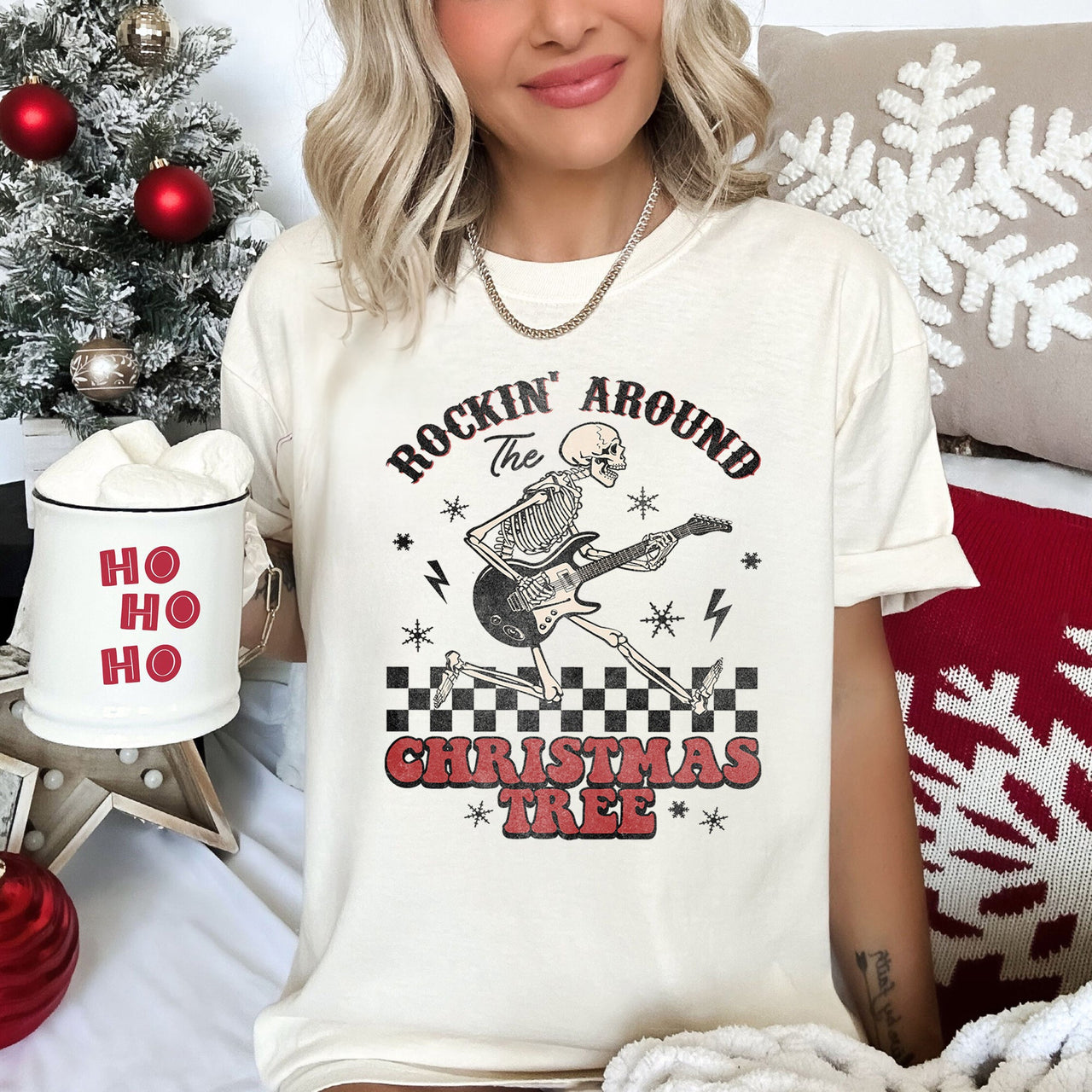 Rocking Around The Christmas Tree Skeleton Retro Rock And Roll Comfort Colors Tee