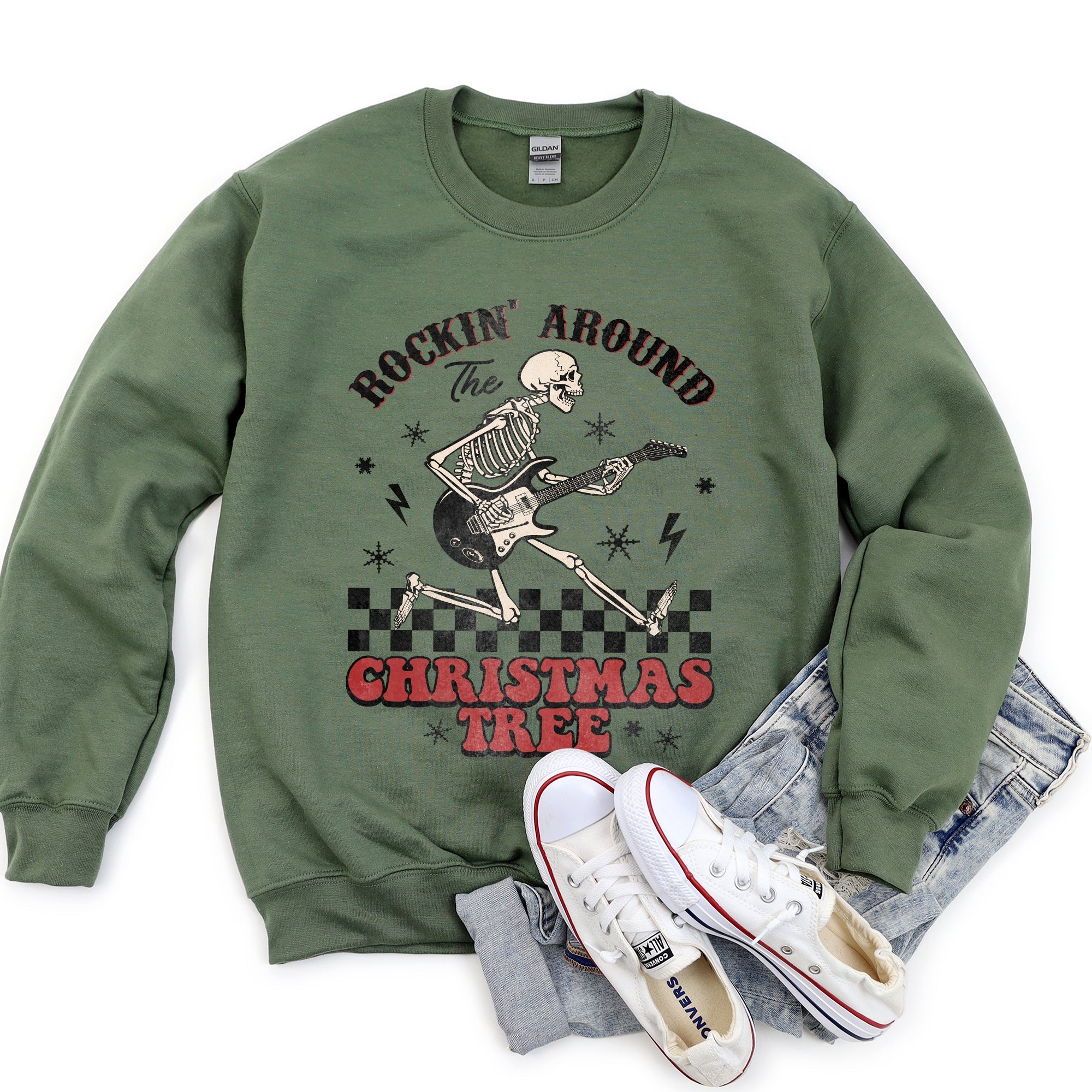 Rocking Around The Christmas Tree Skeleton Rock Holiday Ornament Edition Sweatshirt