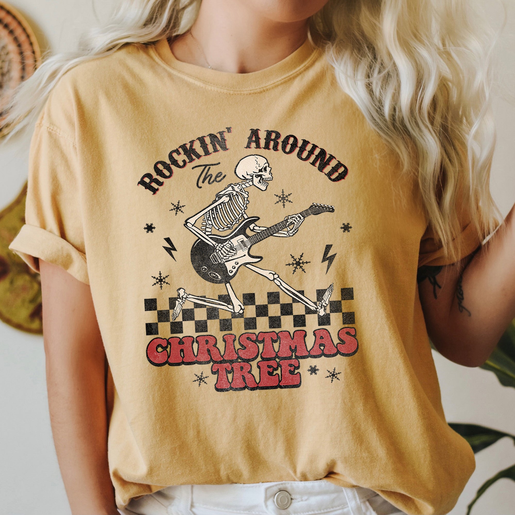 Rocking Around The Christmas Tree Skeleton Retro Rock And Roll Comfort Colors Tee
